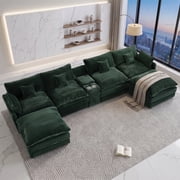 Vinform 145" U Shaped Cloud Couch Sectional with USB Charging, Hidden Storage, Cup Holders & Double Chaise, Green