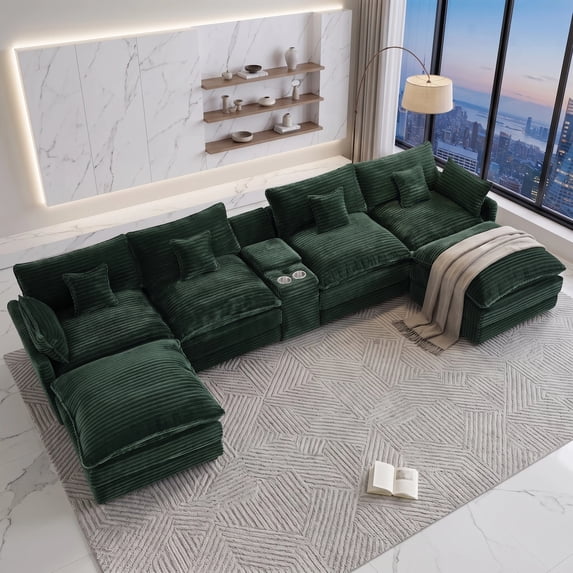 Vinform 145" U Shaped Cloud Couch Sectional with USB Charging, Hidden Storage, Cup Holders & Double Chaise, Green