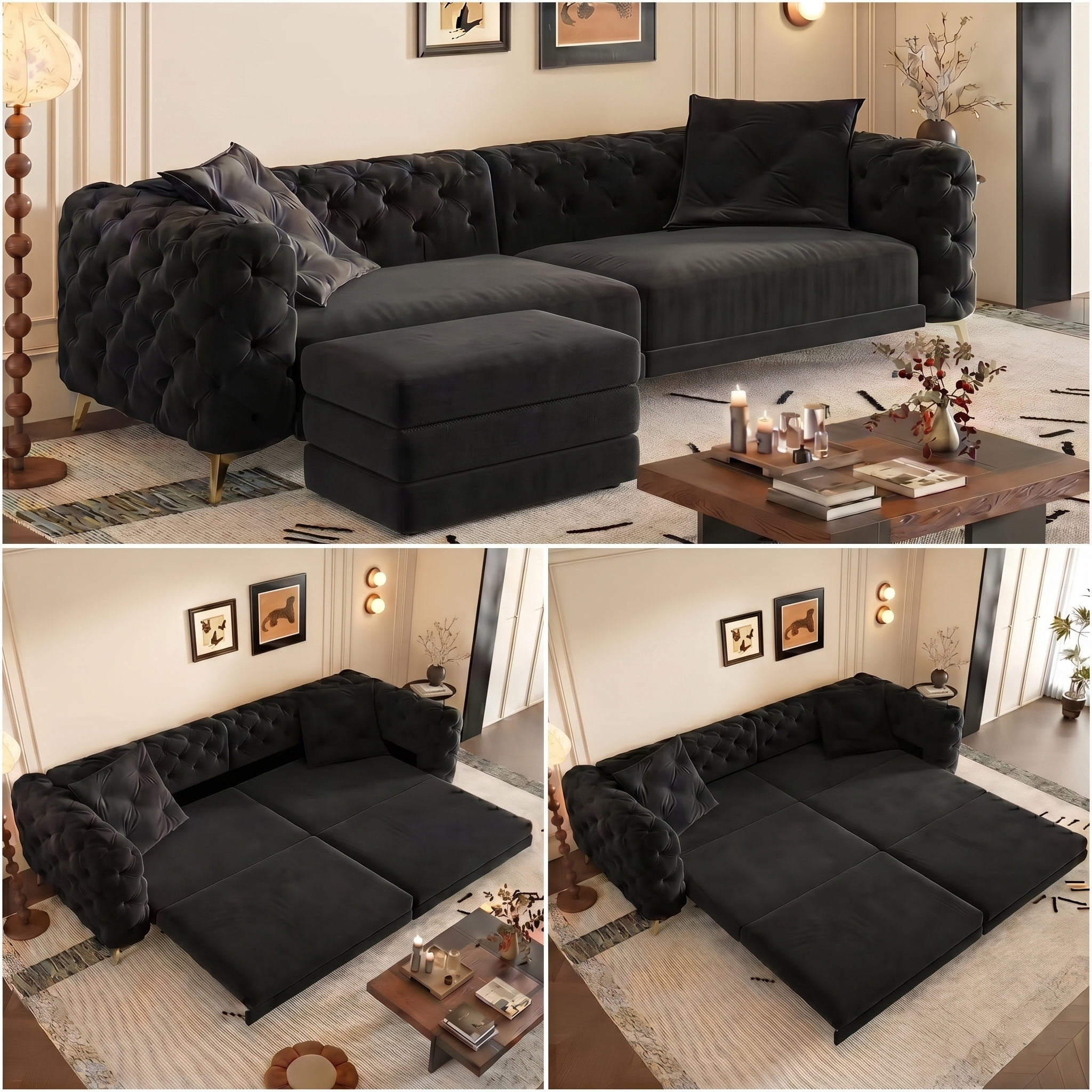 AISWORD 97.7" King Size Pull Out Sofa Bed, Velvet Chesterfield Sleeper Couch, 3-in-1 Convertible Tufted Futon with Ottoman, Black