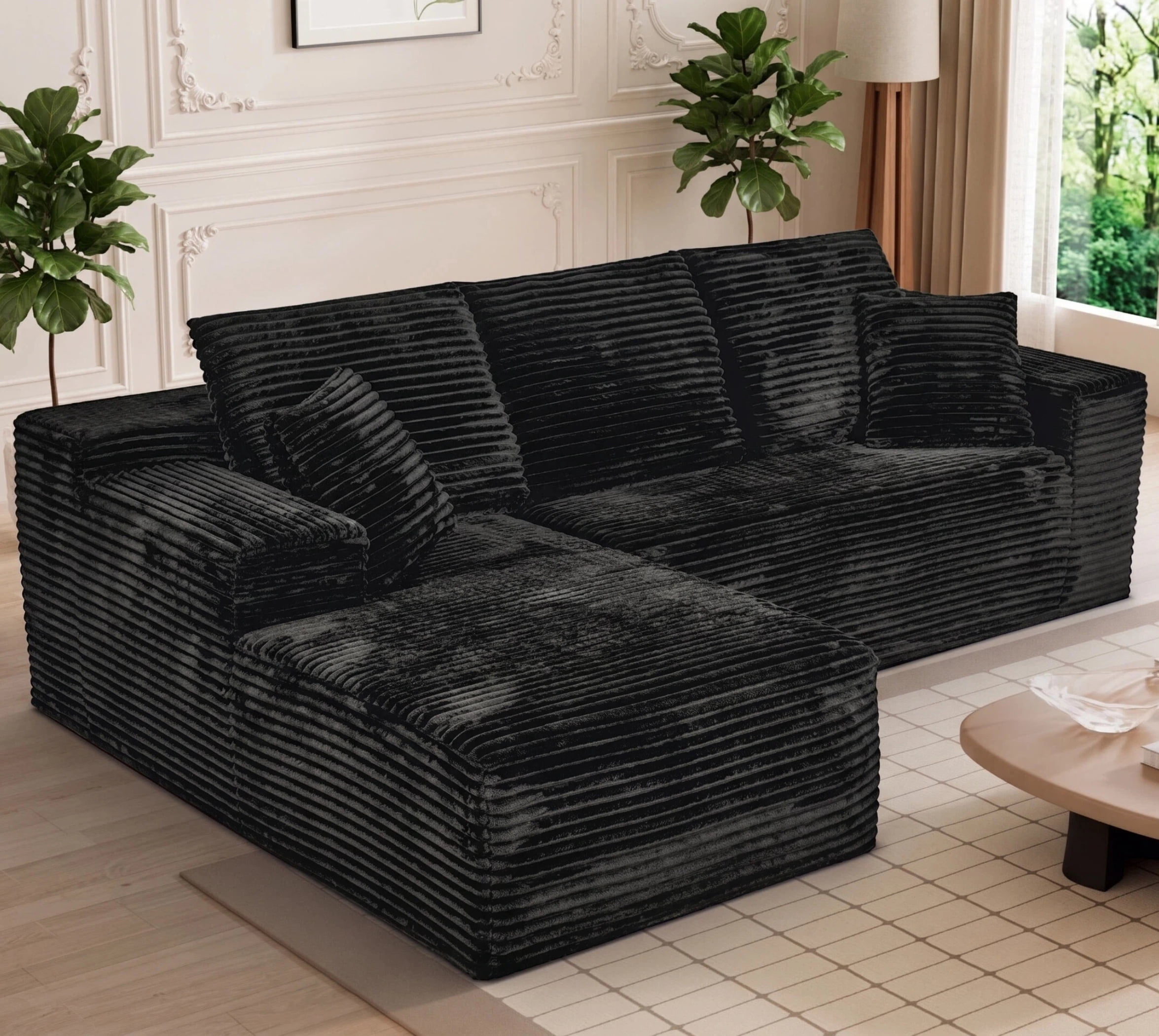 AISWORD 107.5" Corduroy Boneless L Shaped Modular Sectional Sofa with Left Facing Chaise, Deep Seat Compressed Couch with Throw Pillows, No Assembly Required, Black