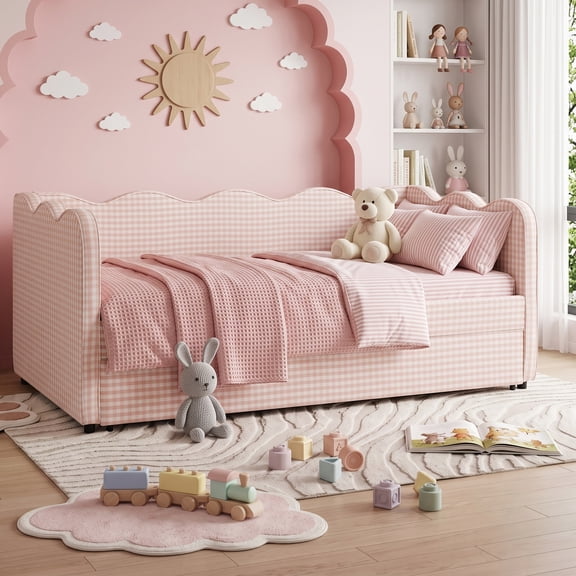 avobird Cozy Gingham Daybed with Trundle Twin Size Sofa Bed for Living Room, Sleeper Sofa with USB Port and Adorable Wave Shaped, Linen Fabric, Pink