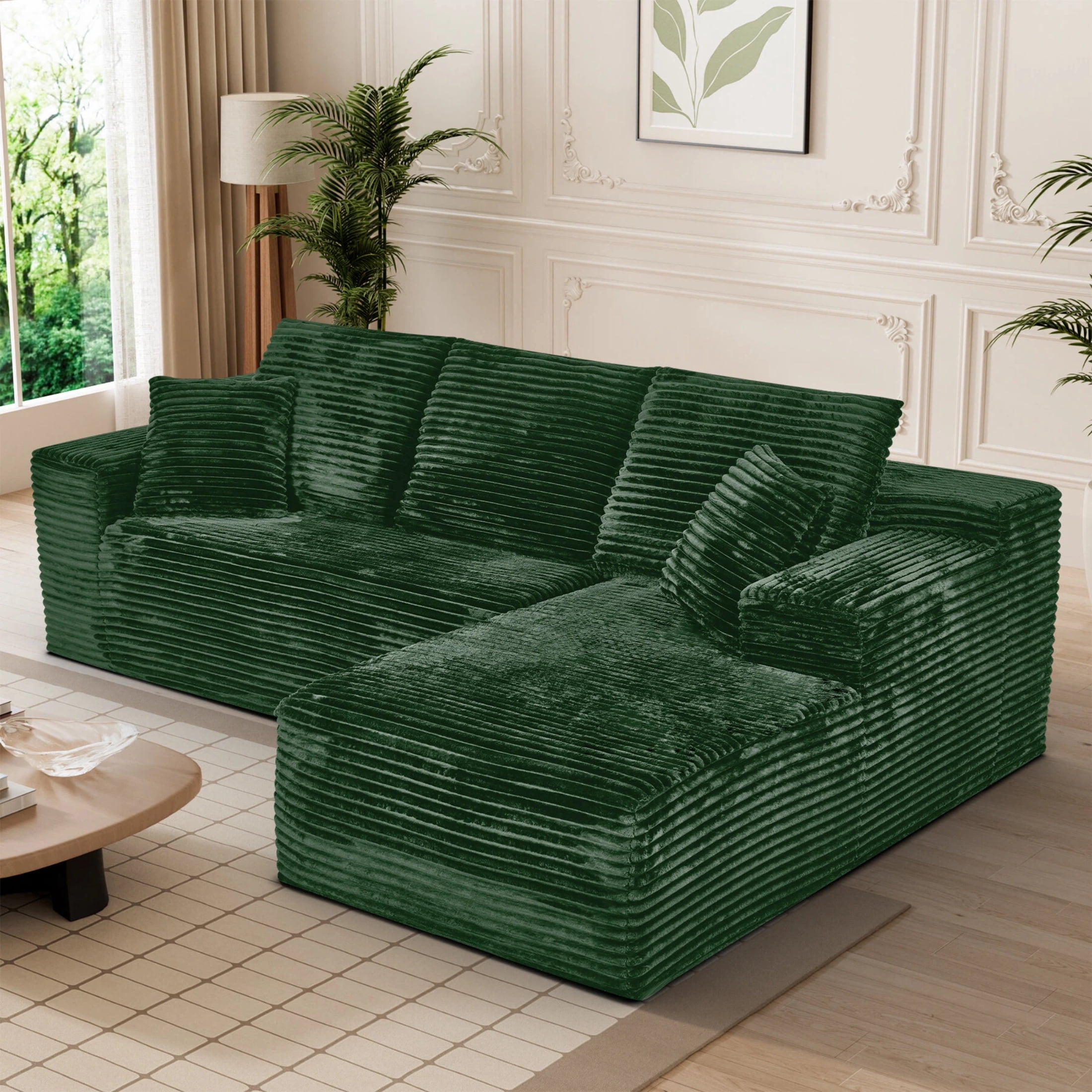 AISWORD 107.5" Corduroy Boneless L Shaped Modular Sectional Sofa with Right Facing Chaise, Deep Seat Compressed Couch with Throw Pillows, No Assembly Required, Green
