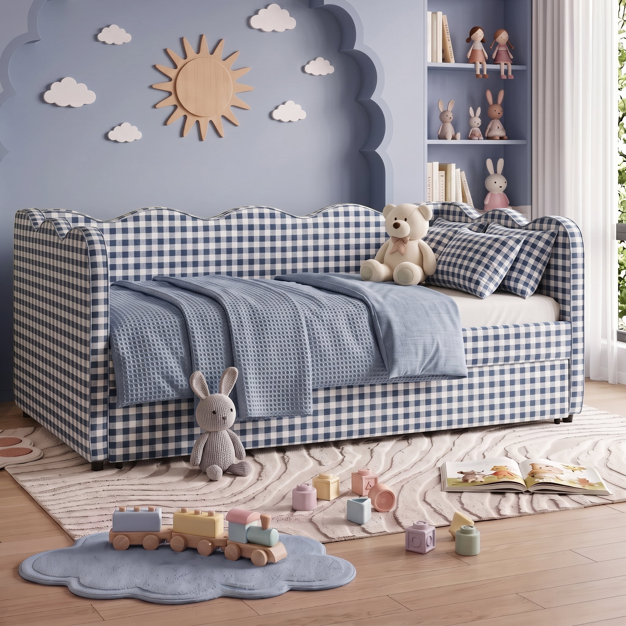 avobird Cozy Gingham Daybed with Trundle Full Size Sofa Bed for Living Room, Sleeper Sofa with USB Port and Adorable Wave Shaped, Linen Fabric, Navy Blue