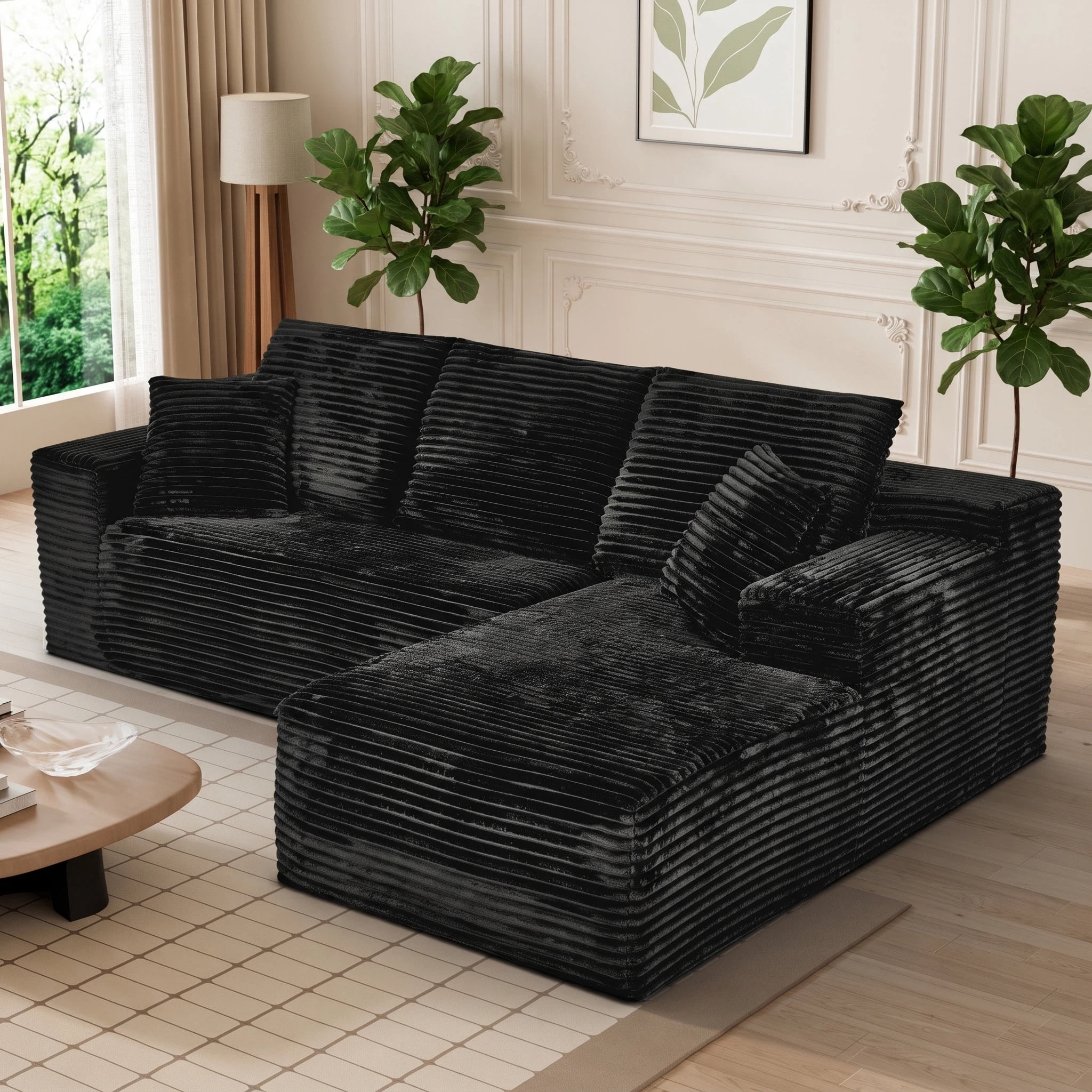 AISWORD 107.5" Corduroy Modular Sectional Sofa with Right Facing Chaise, Compressed Couch, Black