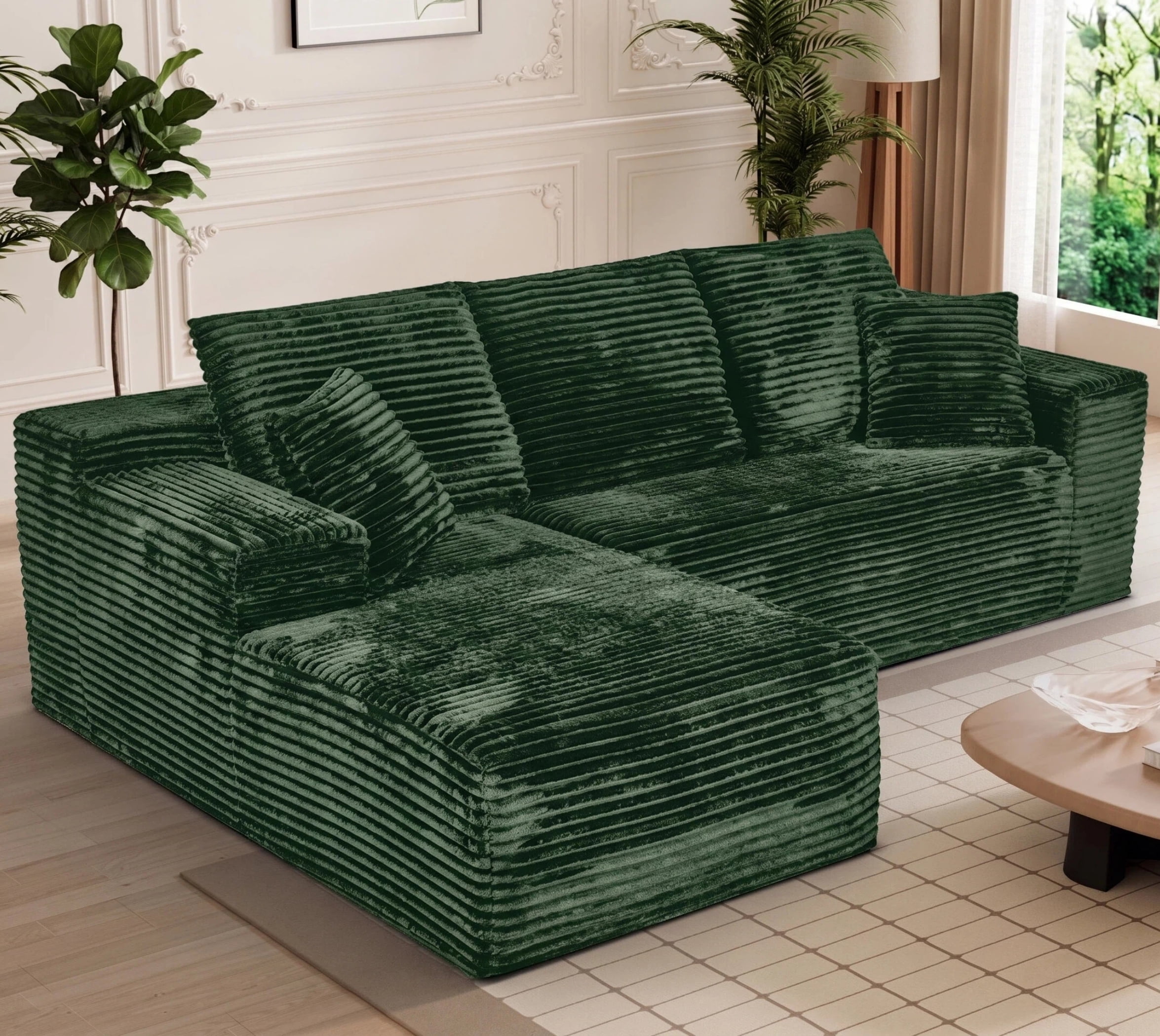 AISWORD 107.5" Corduroy Boneless L Shaped Modular Sectional Sofa with Left Facing Chaise, Deep Seat Compressed Couch with Throw Pillows, No Assembly Required, Green