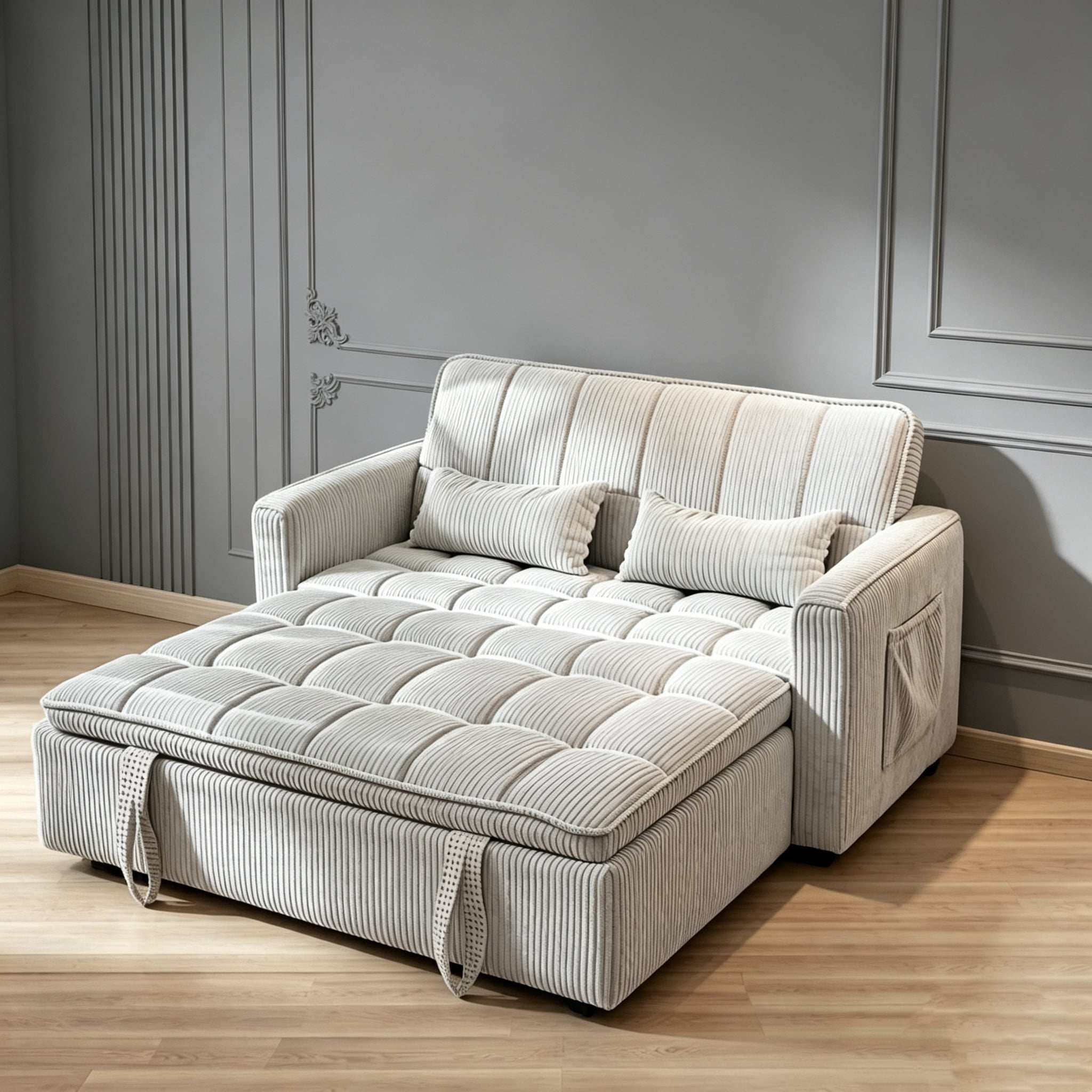 AISWORD Sleeper Sofa Bed, 3-in-1 Convertible Pull Out Couch with Adjustable Backrest for Living Room, Loveseat Sofa Bed with Side Pockets, Light Grey