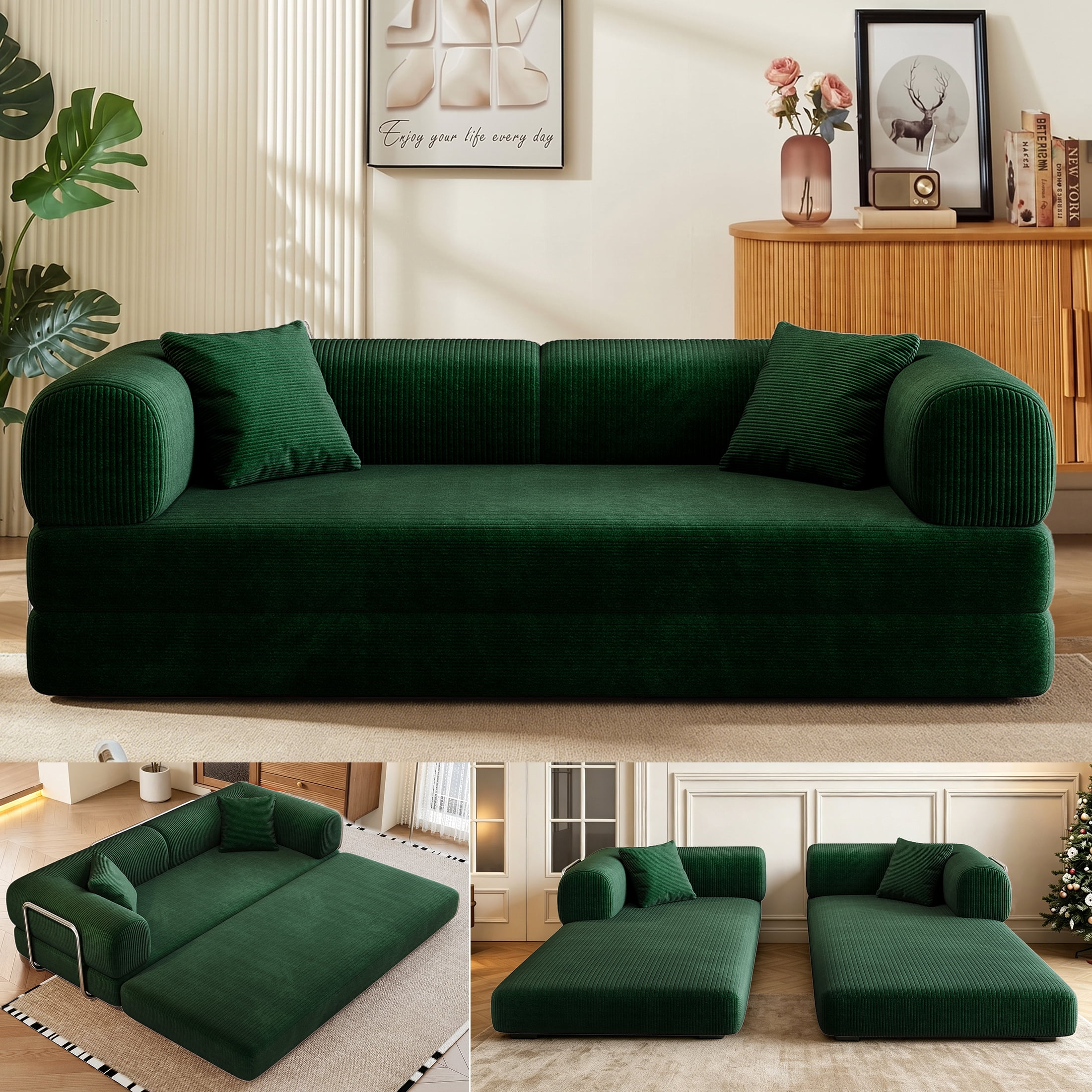 AISWORD Convertible Sleeper Sofa Bed with Cylindrical Pillow, Corduroy Folding Mattress Couch with Fixed-Shape Frame, Floor Sofa Lounge Couch, Green