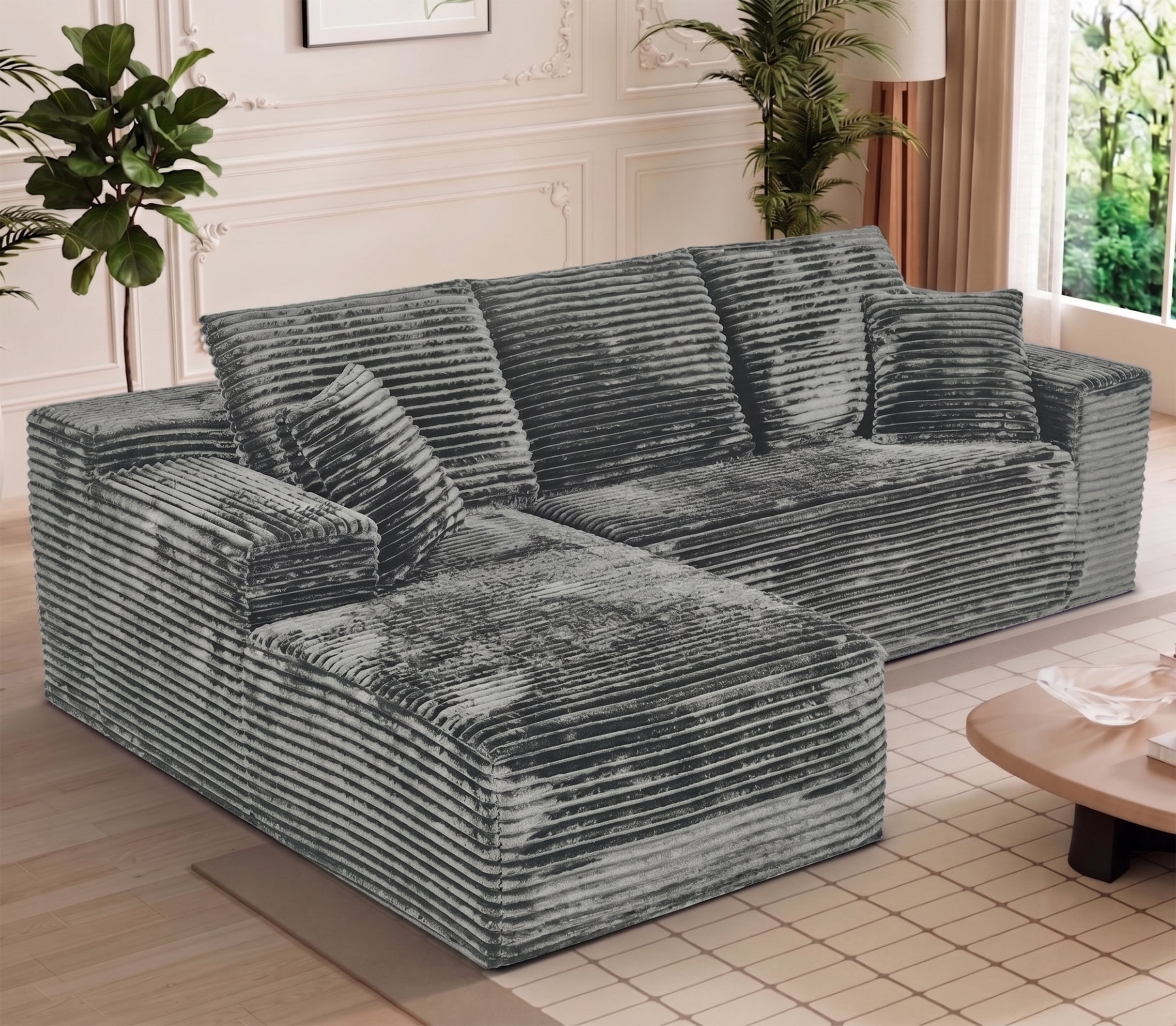 AISWORD 97" L Shaped Boneless Sectional Couches, Floor Cloud Sofa with Chaise and Cup Holder, Wide Armrest, Deep Seat, Assembly Free, Ideal for Small Spaces, Gray