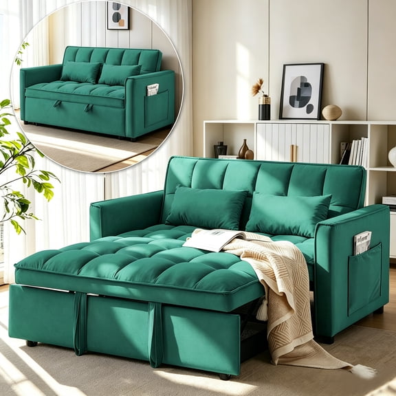 AISWORD Convertible Sofa Bed, 3 in 1 Pull Out Sleeper Loveseat Couch with Storage, Green