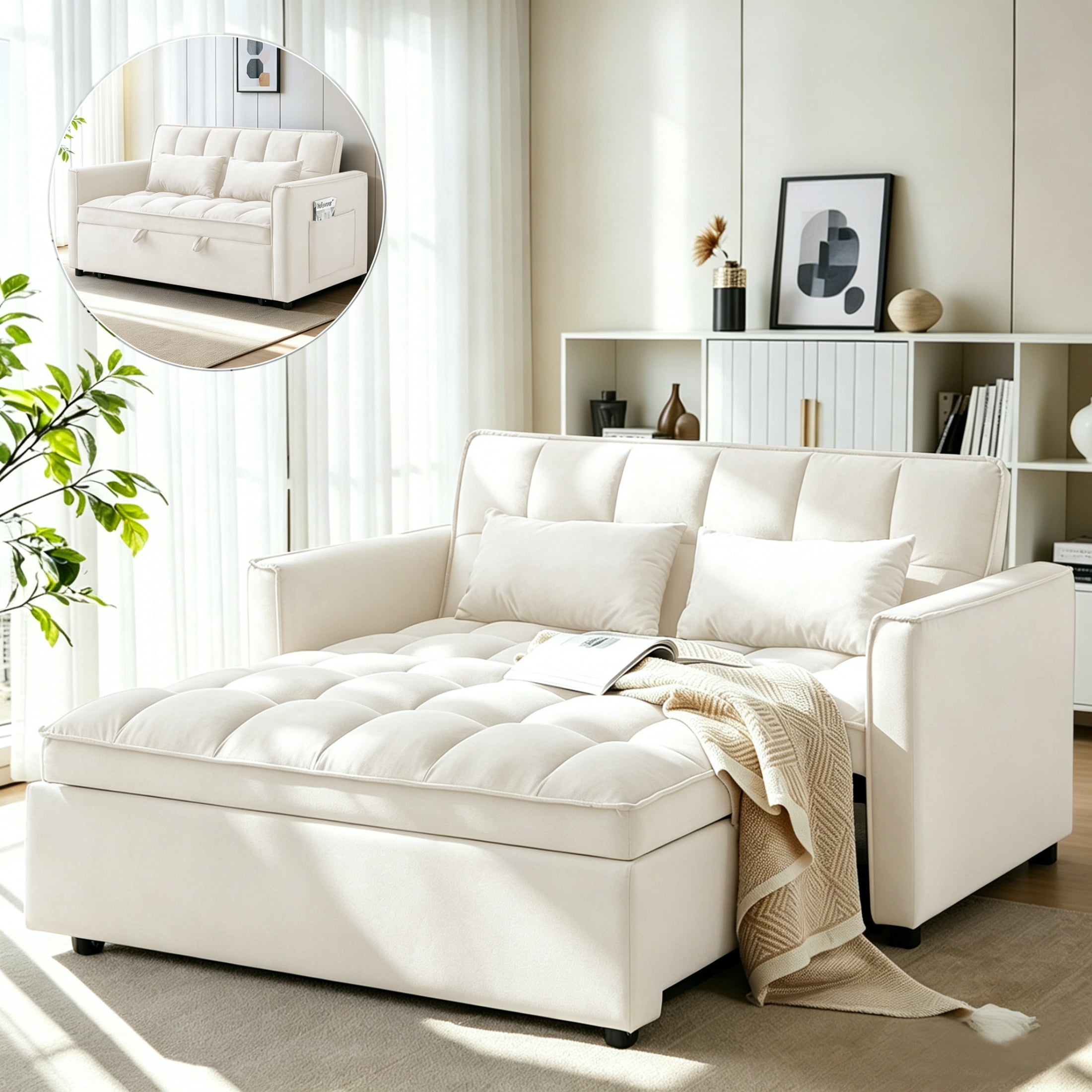 AISWORD Convertible Sofa Bed, 3 in 1 Pull Out Sleeper Loveseat Couch with Storage, Beige