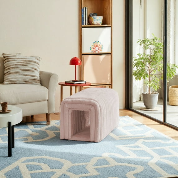 AISWORD Corduroy Ottoman Bench with Cat Hideaway for Bedroom, Living Room, Pink