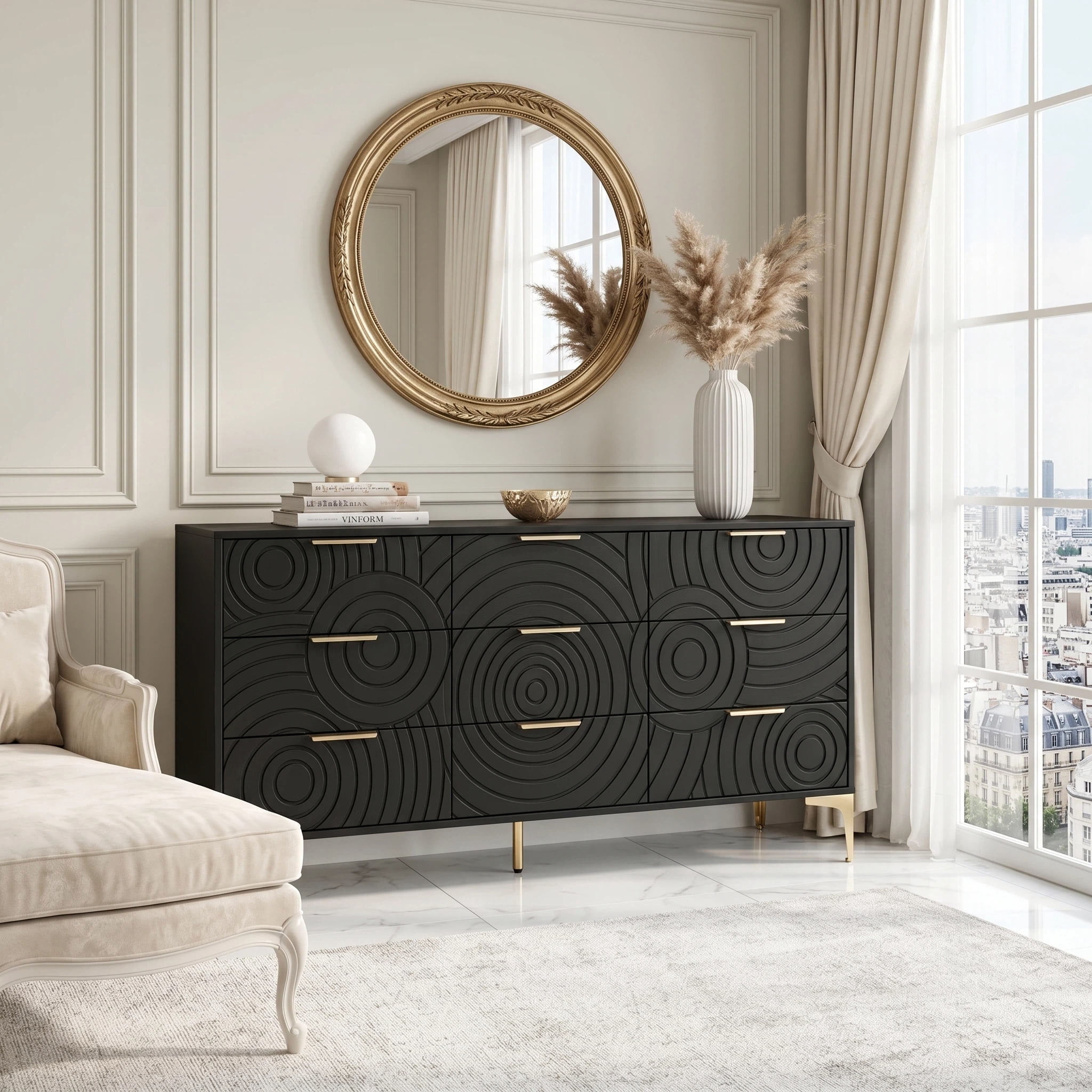 AISWORD 9 Drawer Dresser, Modern Wooden Dresser Chest with Metal Handles, Large Storage for Bedroom, Black