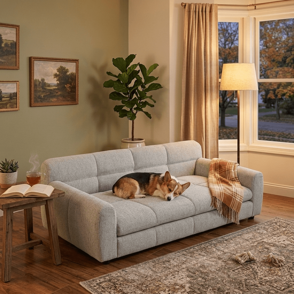 AISWORD Elevated Dog Sofa Bed,Luxury Linen Fabric Pet Furniture Couch for Large Dogs,Orthopedic Support Backrest and Easy-Climb Low Profile Short Legs,Beige
