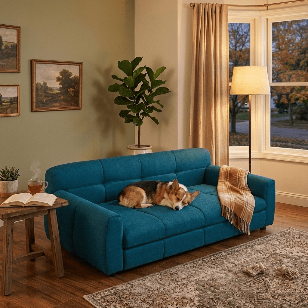 AISWORD Elevated Dog Sofa Bed,Luxury Linen Fabric Pet Furniture Couch for Large Dogs,Orthopedic Support Backrest and Easy-Climb Low Profile Short Legs,Dark Blue