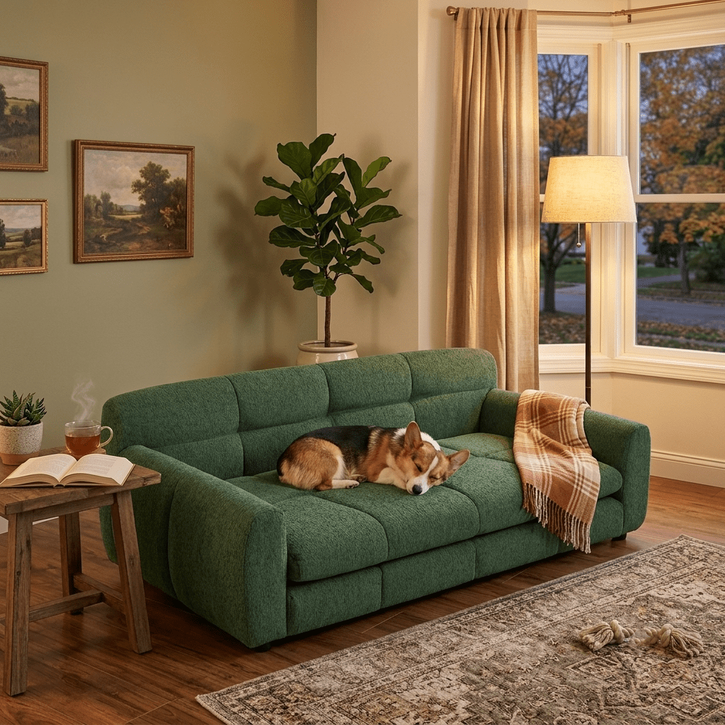 AISWORD Elevated Dog Sofa Bed,Luxury Linen Fabric Pet Furniture Couch for Large Dogs,Orthopedic Support Backrest and Easy-Climb Low Profile Short Legs,Green