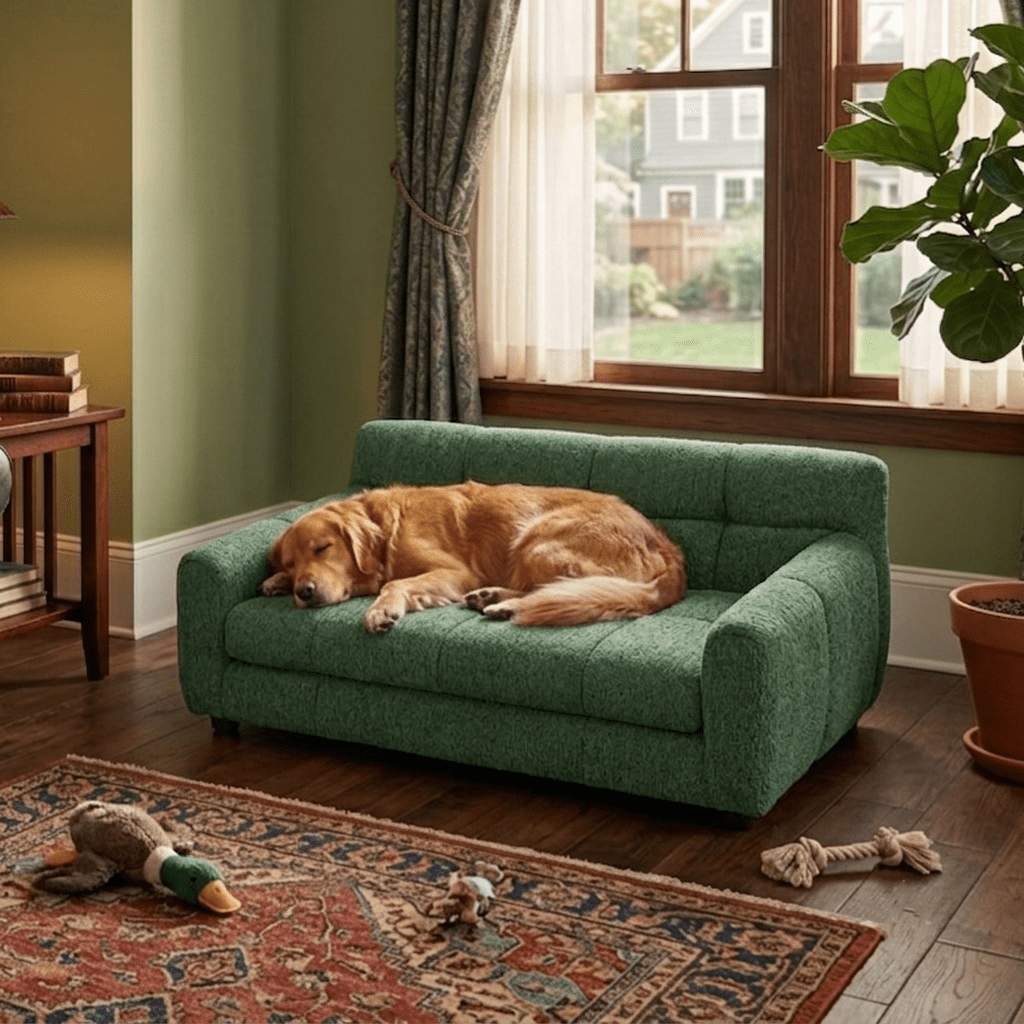 AISWORD Elevated Dog Sofa Bed,Luxury Linen Fabric Pet Furniture Couch for Medium & Large Dogs,Orthopedic Support Backrest and Easy-Climb Low Profile Short Legs,Green
