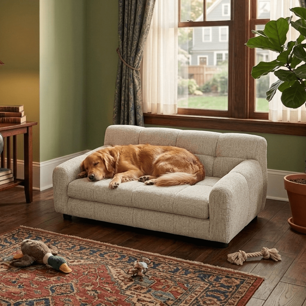 AISWORD Elevated Dog Sofa Bed,Luxury Linen Fabric Pet Furniture Couch for Medium & Large Dogs,Orthopedic Support Backrest and Easy-Climb Low Profile Short Legs,Beige