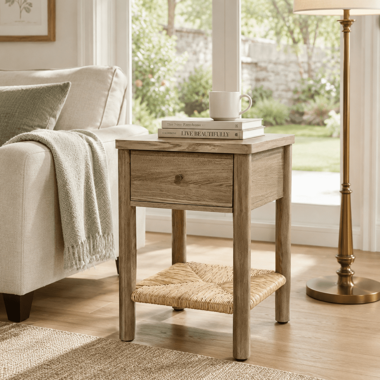 AISWORD End Table with Drawer & Hand-woven Jute Shelf,Small Wood Side Table with Rounded Edges for Bedroom & Living Room,Antique Grey