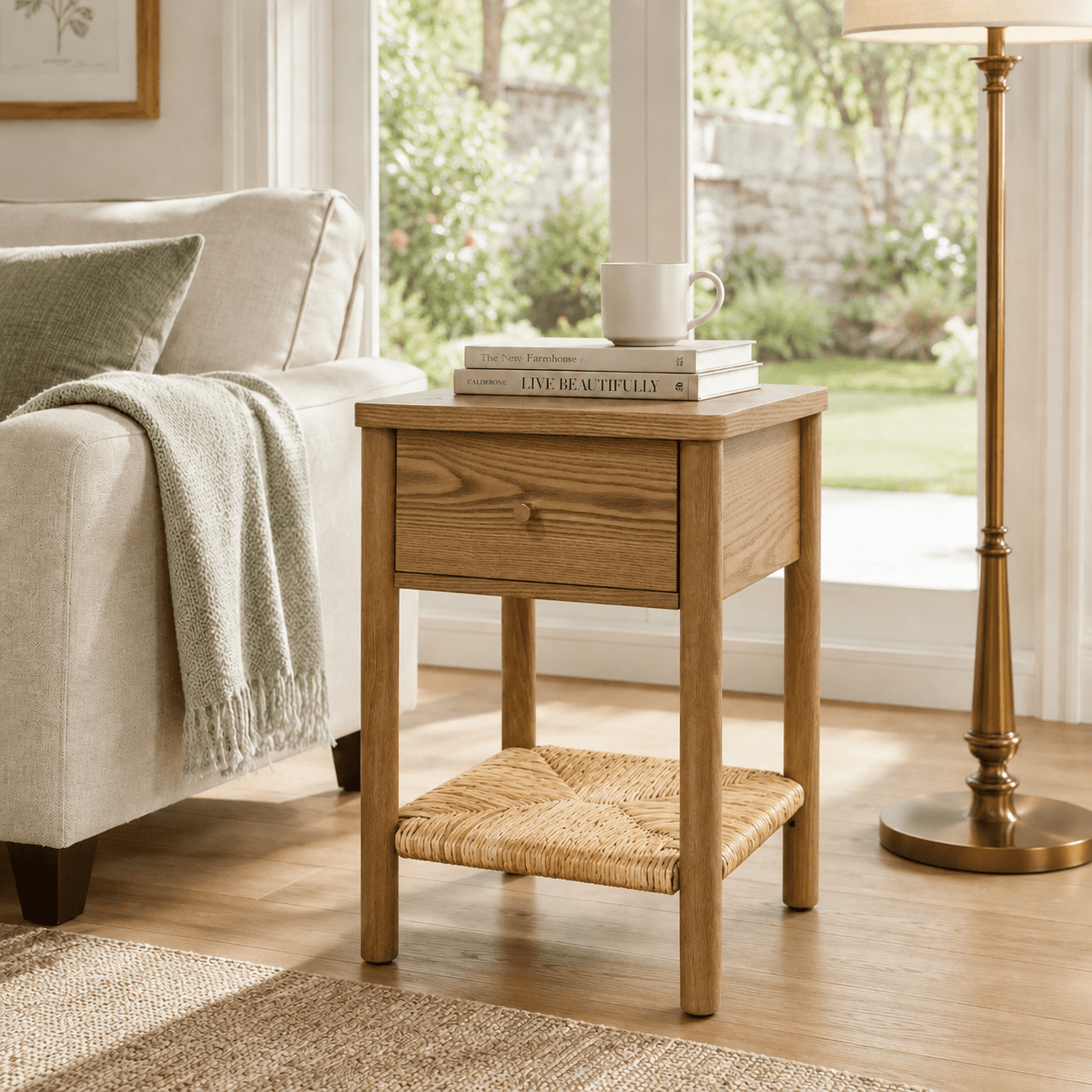 AISWORD End Table with Drawer & Hand-woven Jute Shelf,Small Wood Side Table with Rounded Edges for Bedroom & Living Room,Walnut Brown