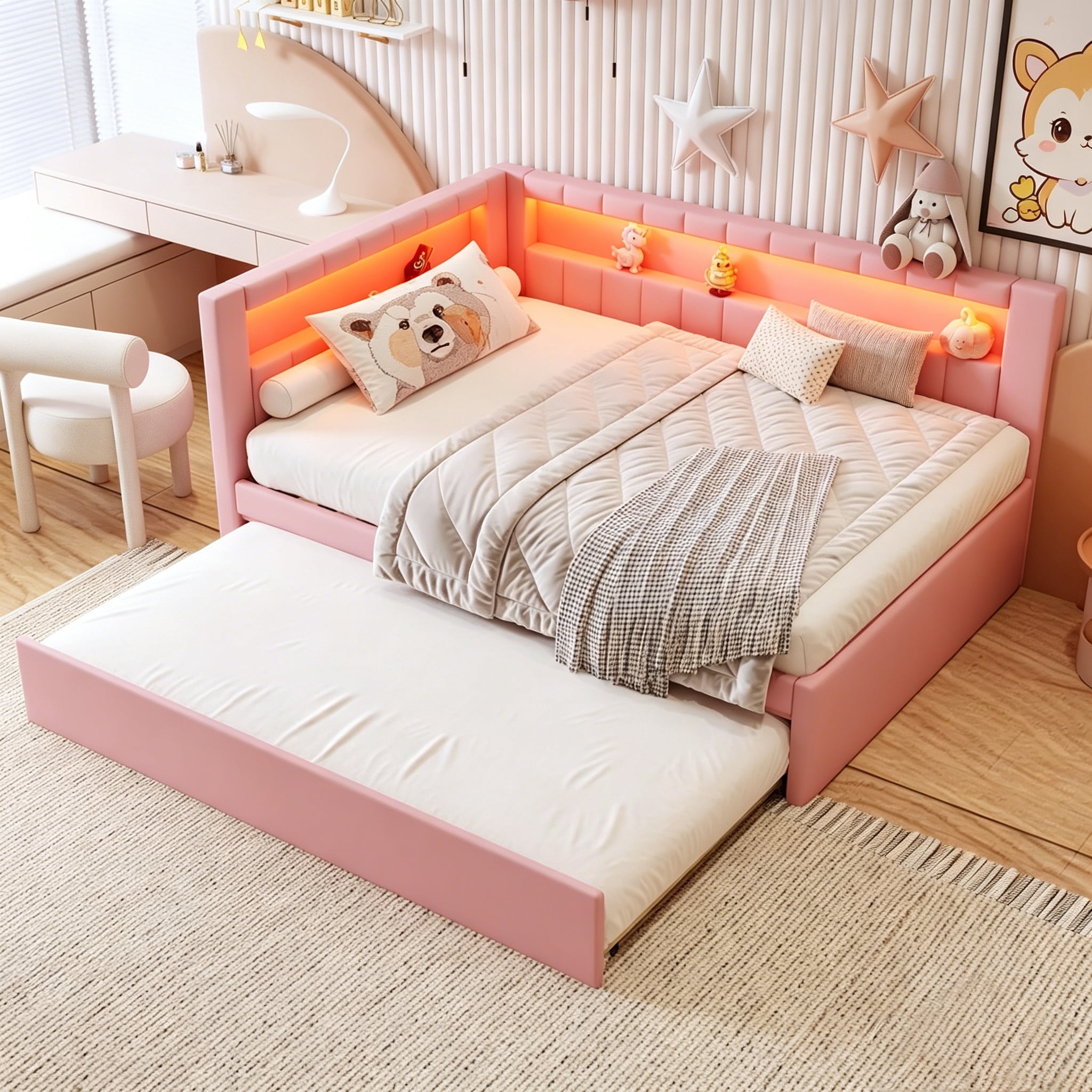 AISWORD Full Size Daybed with Trundle and L-Shaped Bookshelf Headboard, Upholstered Soft Corner Bed with Storage Shelves, Charging Station and LED Belt, Pink
