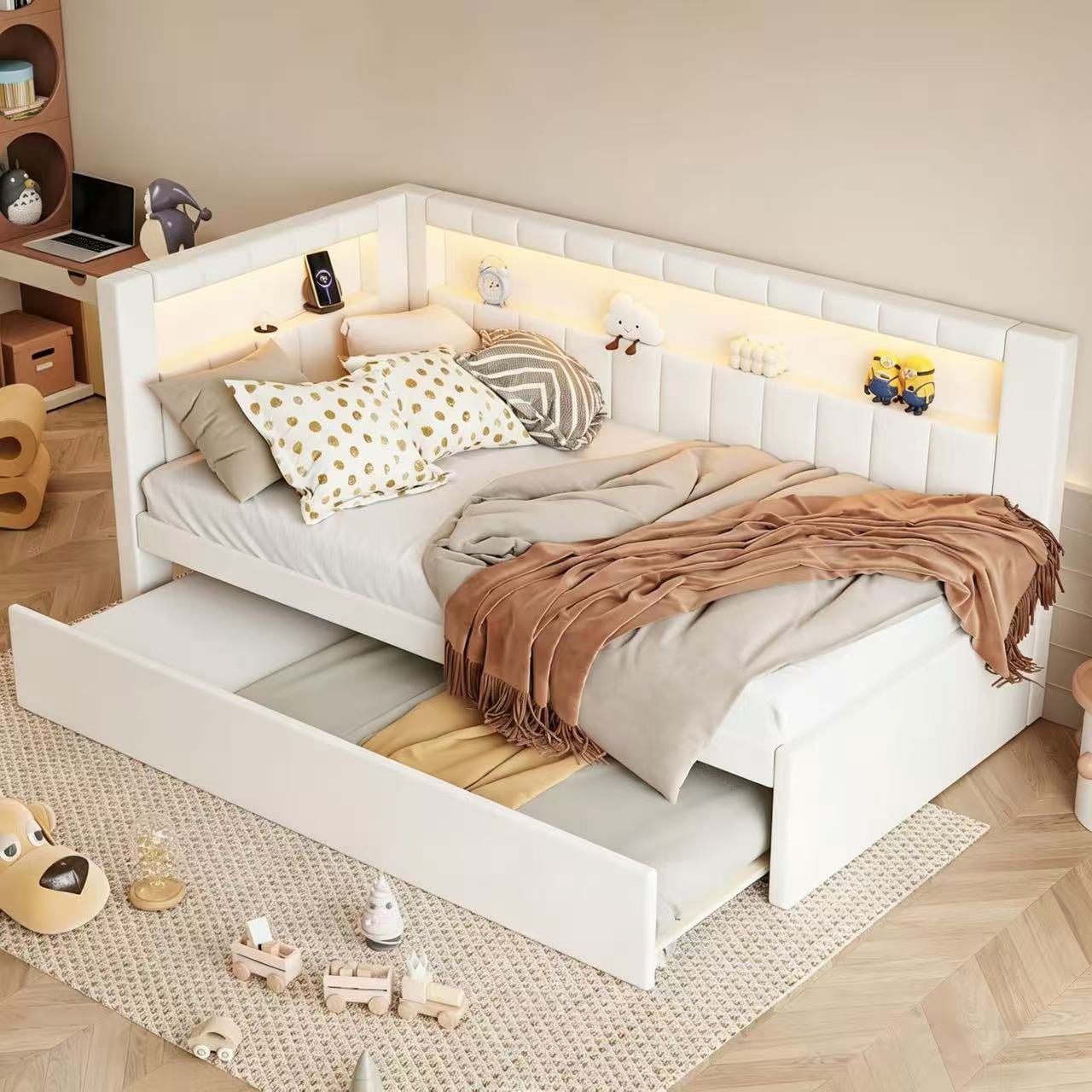 AISWORD Twin Size Daybed with Trundle and L-Shaped Bookshelf Headboard, Upholstered Soft Corner Bed with Storage Shelves, Charging Station and LED Belt, White