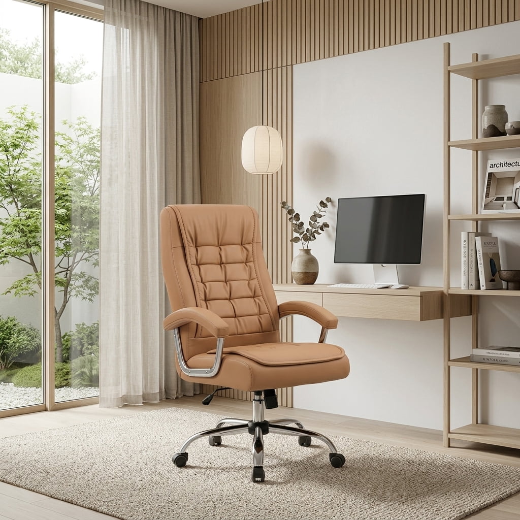 AISWORD High Back Executive Office Chair,PU Leather Ergonomic Computer Desk Chair with Spring Cushion,Chrome Armrests,Swivel Casters for Home Office,Camel