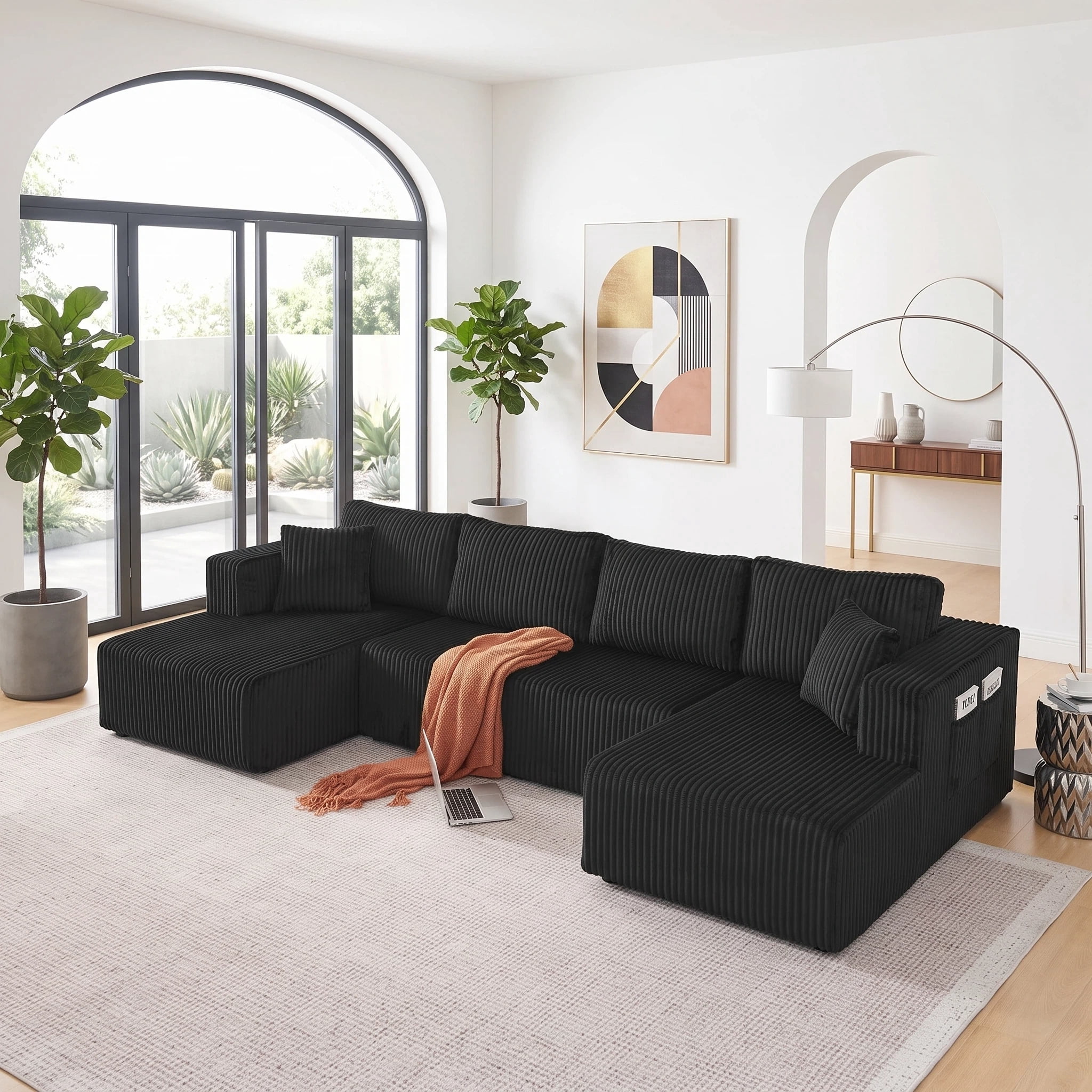 AISWORD 132" U Shaped Modular Sectional Sofa, Comfy Cloud Boneless Sofa with Chaise and Side Pockets, Memory Foam Sleeper Sofa for Living Room, Black