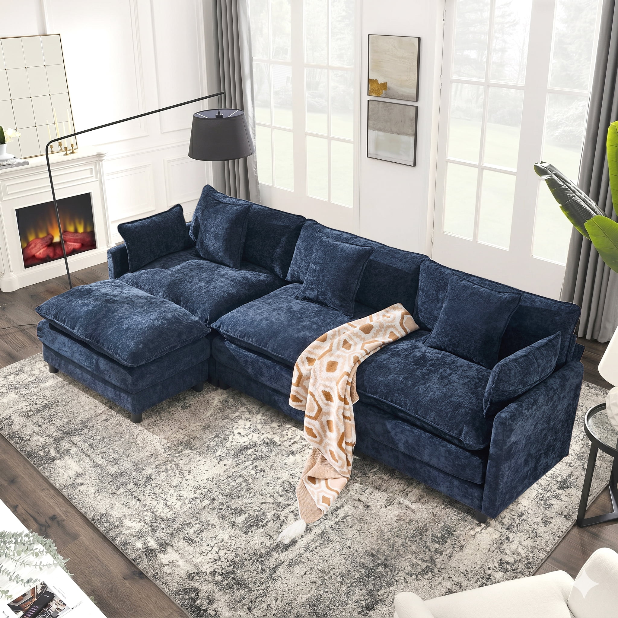 AISWORD 120" L Shaped Modular Sectional Sofa, Cloud Couch with Movable Ottoman, 4 Seat Chenille Deep Seat Sofa with Throw Pillows for Living Room, Blue