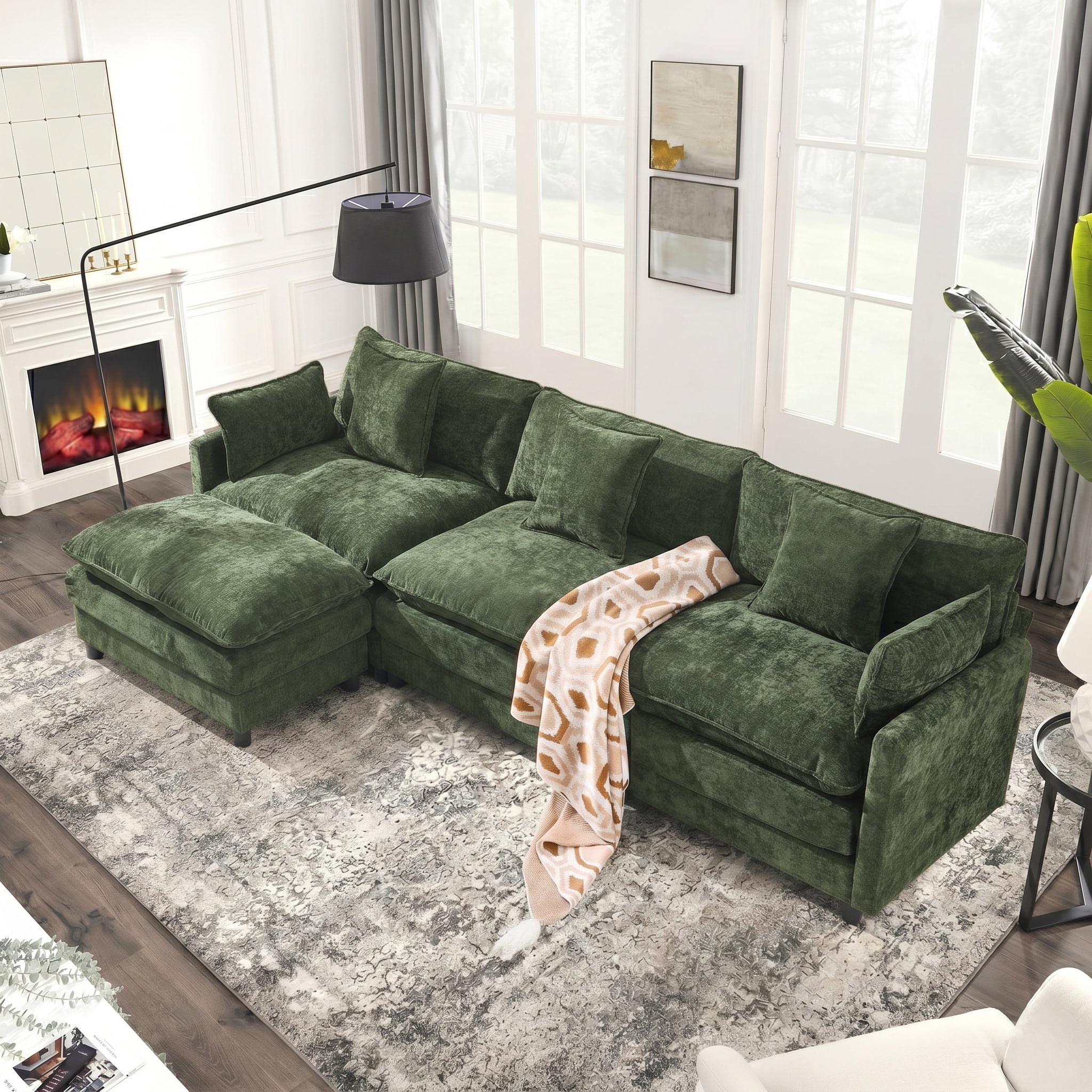 AISWORD 120" L Shaped Modular Sectional Sofa, Cloud Couch with Movable Ottoman, 4 Seat Chenille Deep Seat Sofa with Throw Pillows for Living Room, Green
