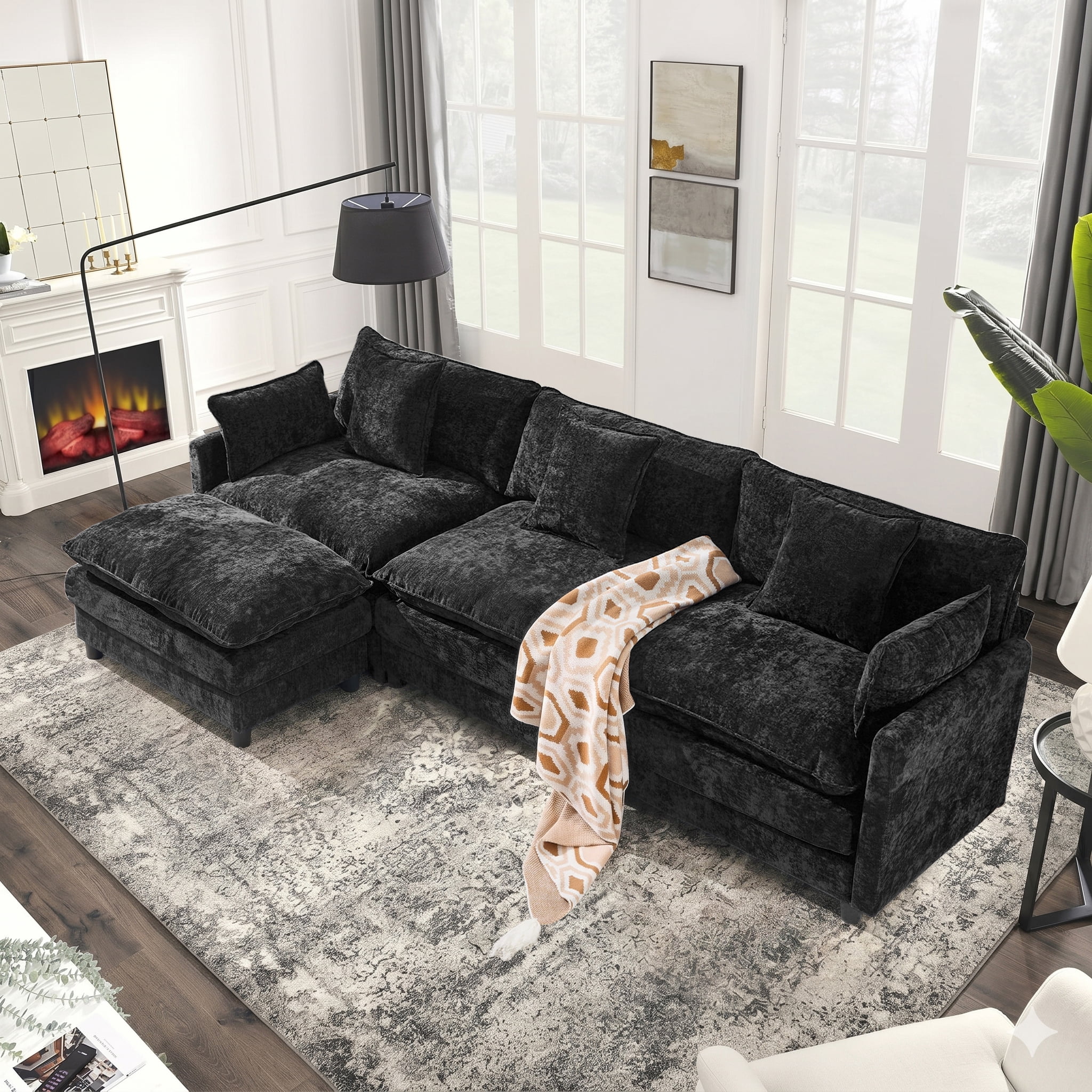 AISWORD 120" L Shaped Modular Sectional Sofa, Cloud Couch with Movable Ottoman, 4 Seat Chenille Deep Seat Sofa with Throw Pillows for Living Room, Black