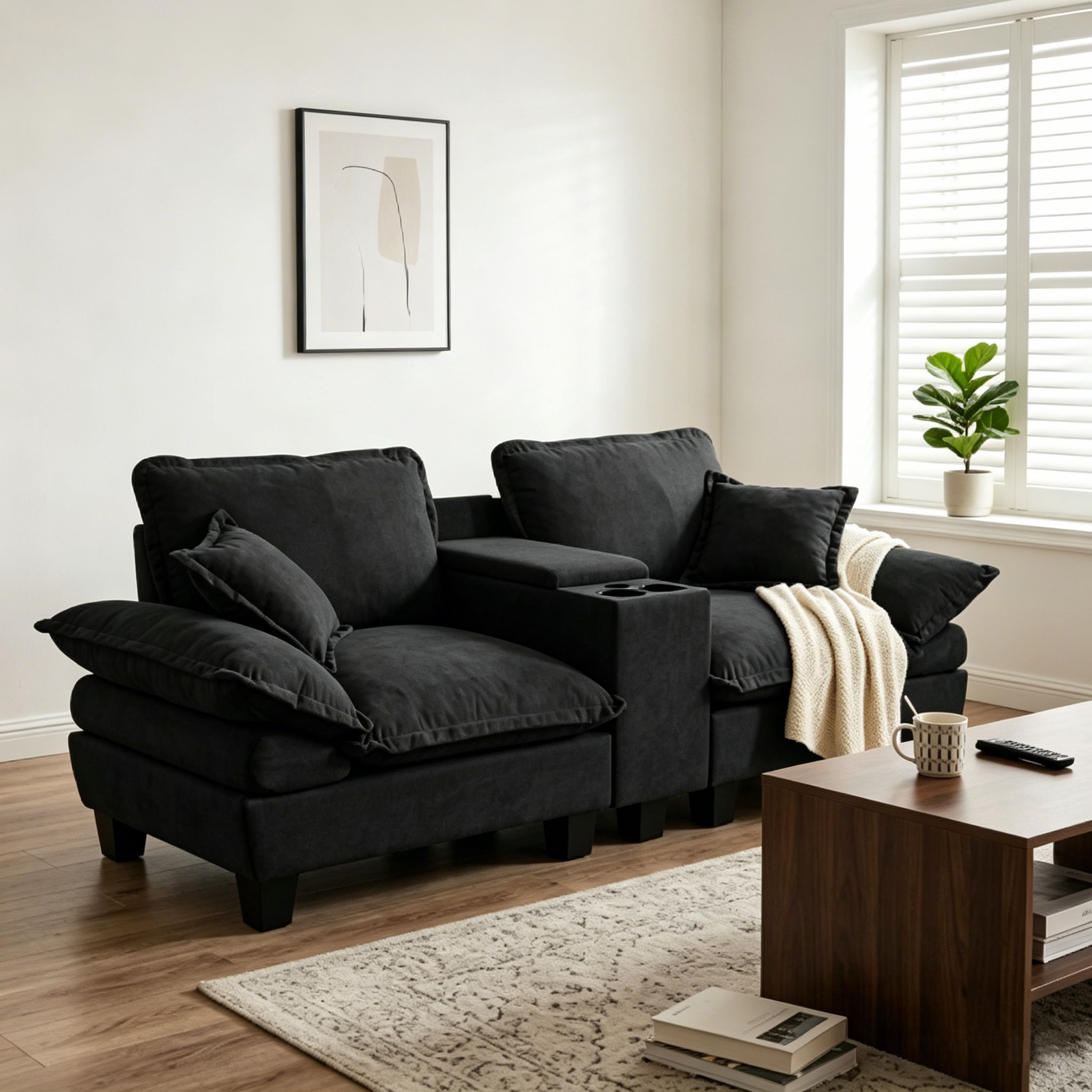 AISWORD Loveseat Sofa with Storage Console, USB Charging Ports & Cup Holders, 2-Seater Sectional Couch for Small Spaces, Black