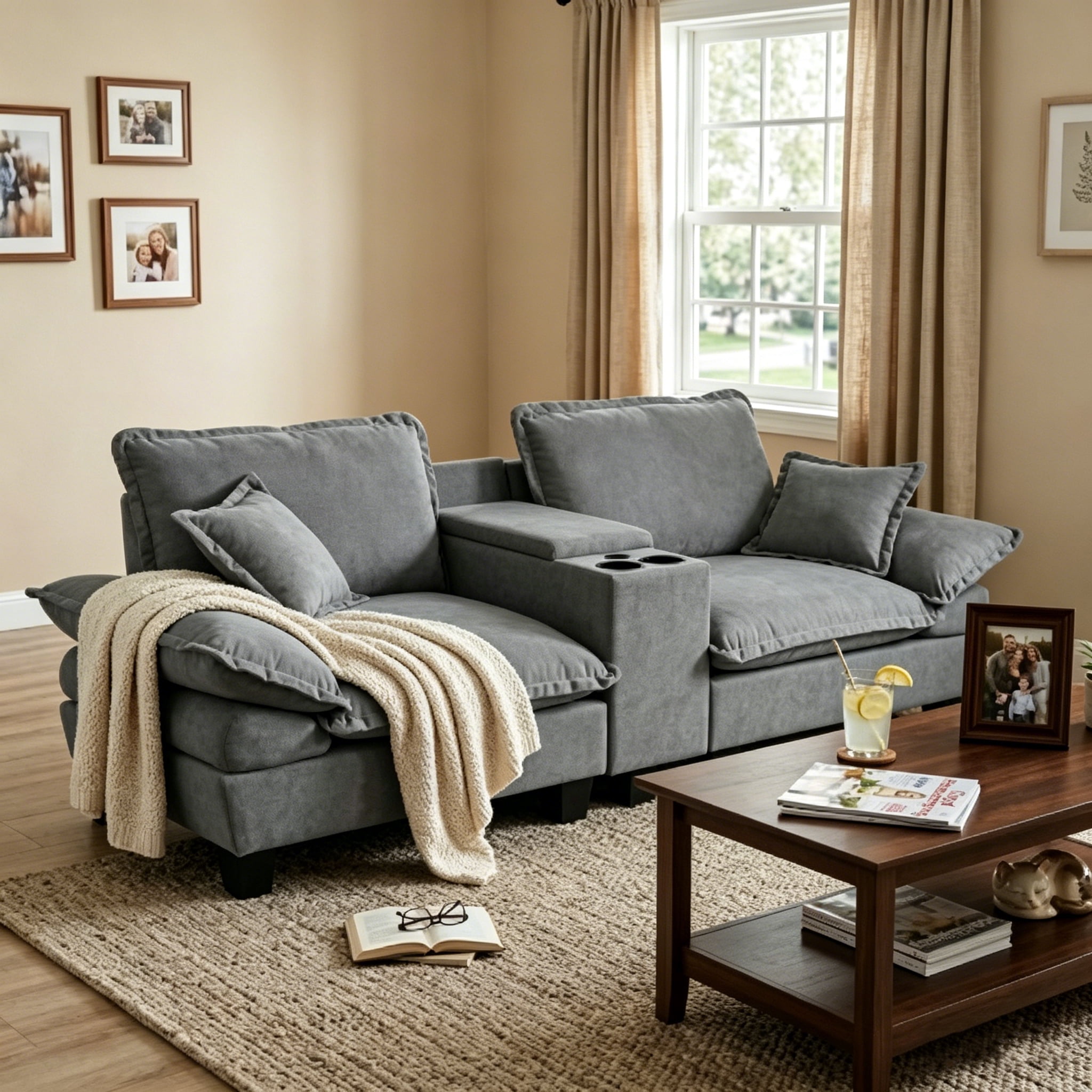 AISWORD Loveseat Sofa with Storage Console, USB Charging Ports & Cup Holders, 2-Seater Sectional Couch for Small Spaces, Grey
