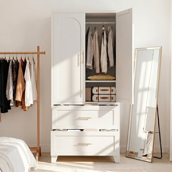 AISWORD 71" Tall Metal Wardrobe Cabinet with 2 Drawer and Hanging Rod, 2 Doors Closet with Adjustable Shelf, White