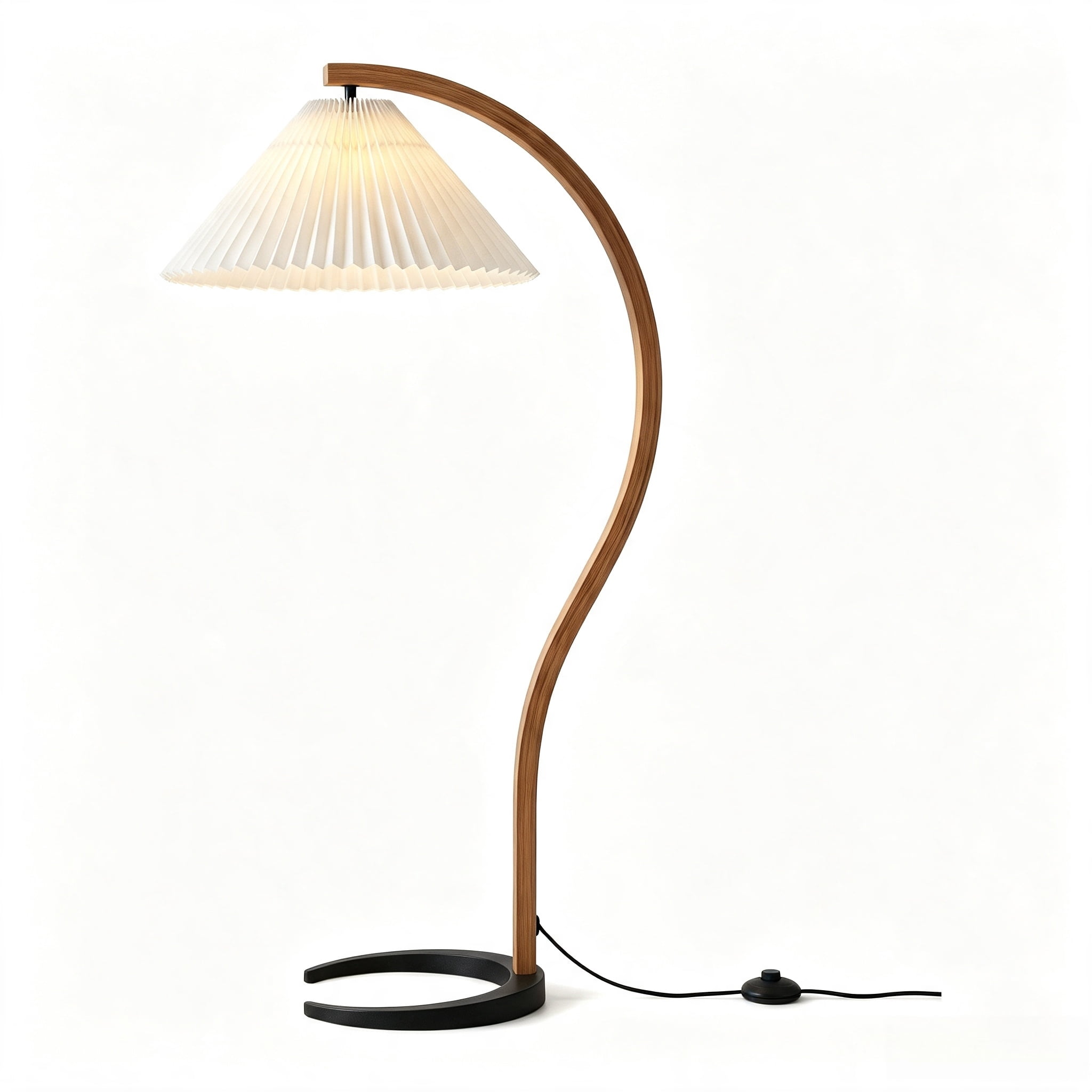 AISWORD Mid Century Curved Arc Floor Lamp with Pleated Fabric Shade, Solid Bentwood S-Shape Standing Reading Light with Heavy Base, Beige