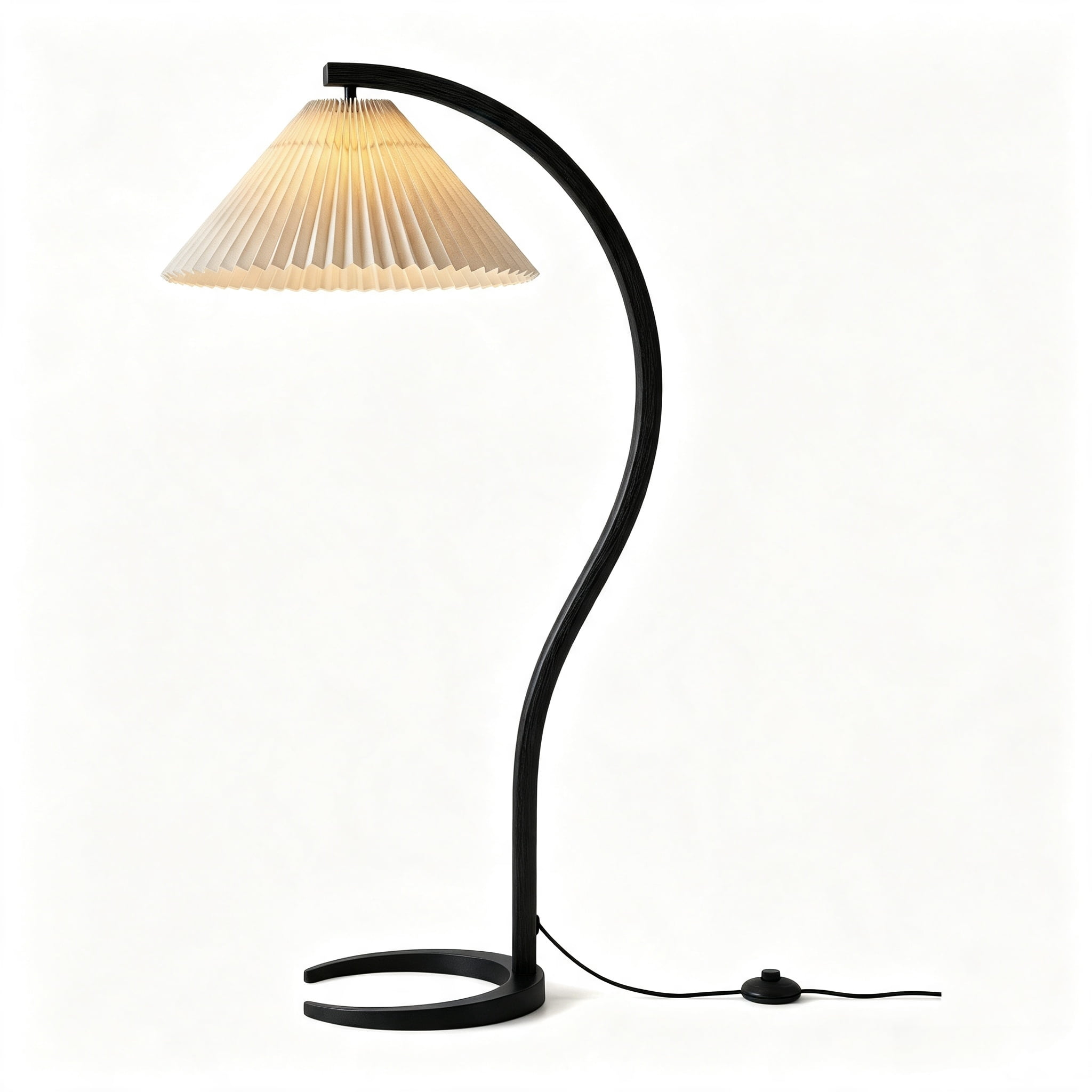 AISWORD Mid Century Curved Arc Floor Lamp with Pleated Fabric Shade, Solid Bentwood S-Shape Standing Reading Light with Heavy Base, Black - Brown