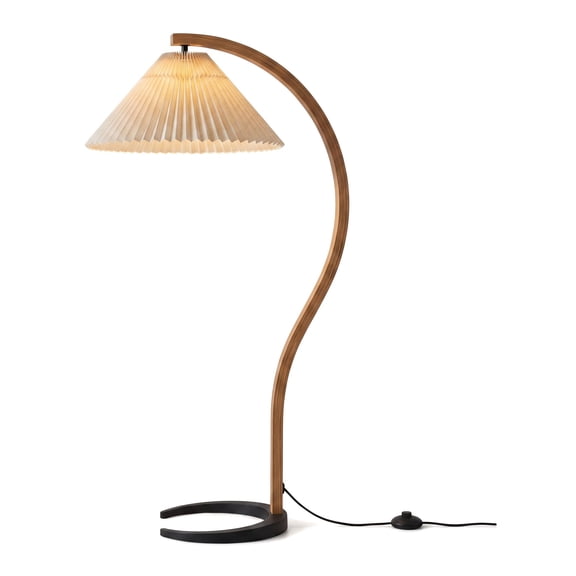AISWORD Mid Century Curved Arc Floor Lamp with Pleated Fabric Shade, Solid Bentwood S-Shape Standing Reading Light with Heavy Base, Brown