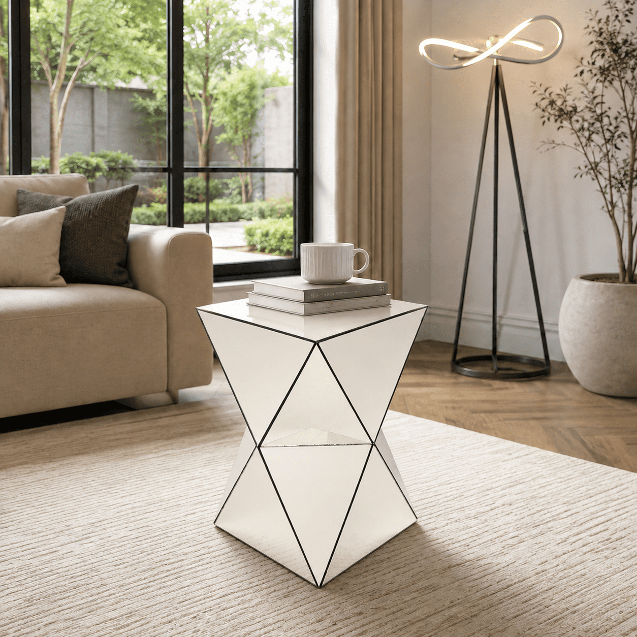 AISWORD Mirrored Side Table,Luxury Geometric End Table,200 lb Capacity,12.6"W x 12.6"D x 21.06"H,Living Room & Bedroom,Champagne