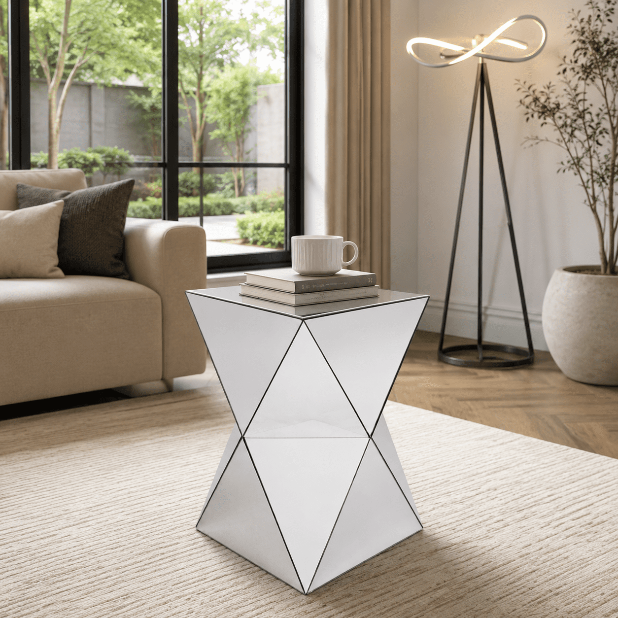 AISWORD Mirrored Side Table,Luxury Geometric End Table,200 lb Capacity,12.6"W x 12.6"D x 21.06"H,Living Room & Bedroom,Silver