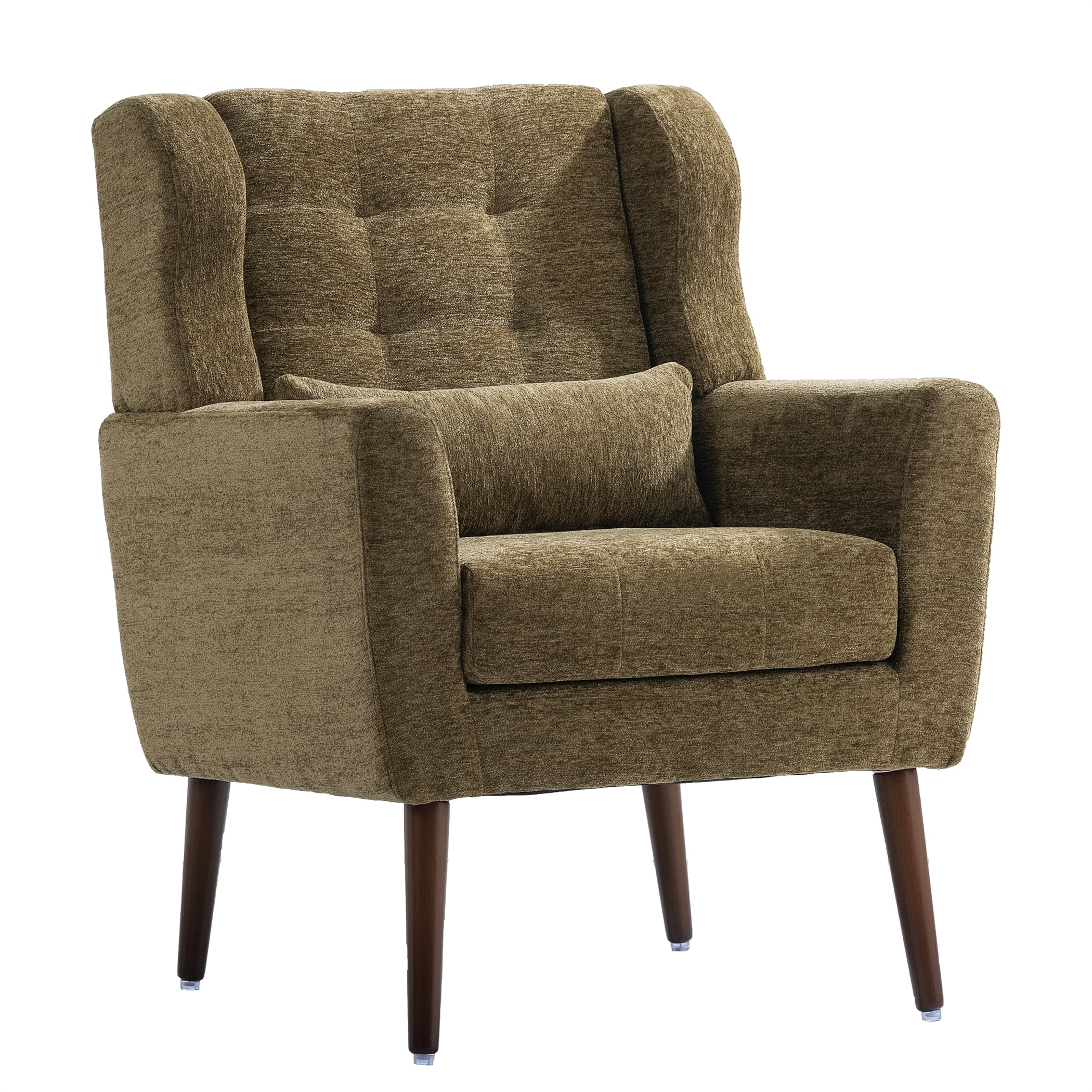 AISWORD Modern Accent Chair, Upholstered Armchair with Pillow, Fabric Single Sofa Chair with Lounge Seat and Wood Legs Accent Chair for Living Room Bedroom Small Spaces, Olive Green
