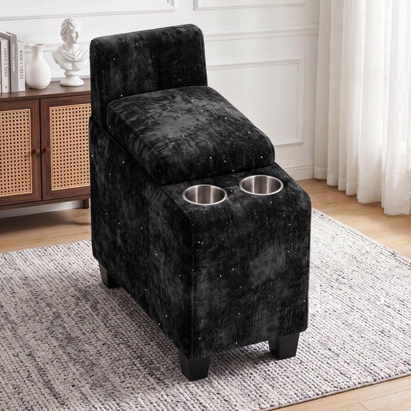 AISWORD Modular Sofa Center Console with 2 Cup Holders, Hidden Storage and USB Port, Chenille Upholstered Sofa Armrest for Sectional Couch, Black