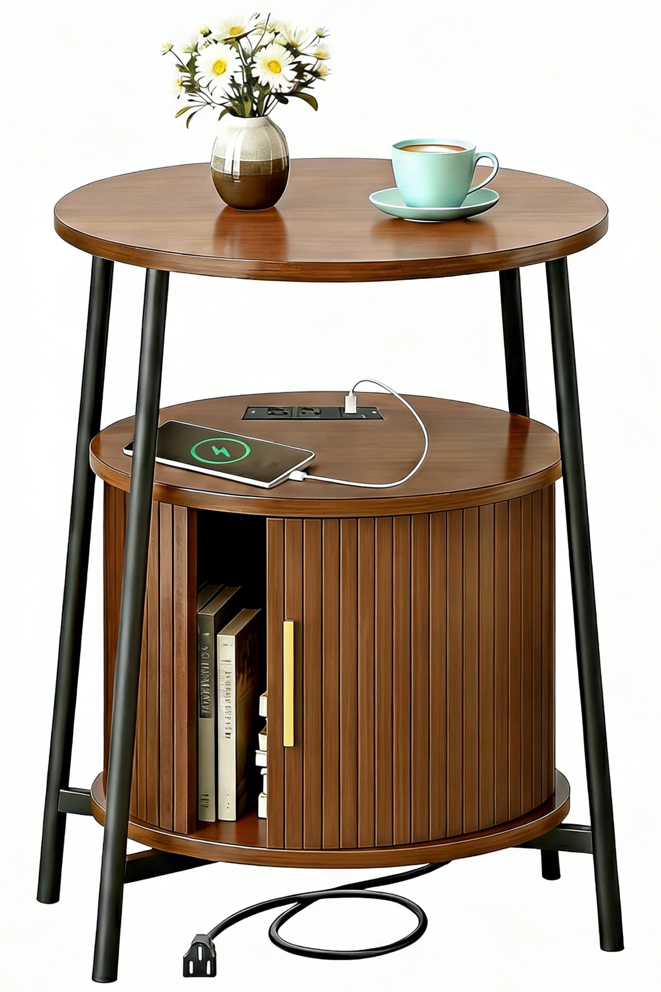 AISWORD Nightstand with Charging Station, Modern Round Bedside Table with Sliding Door Storage, Walnut