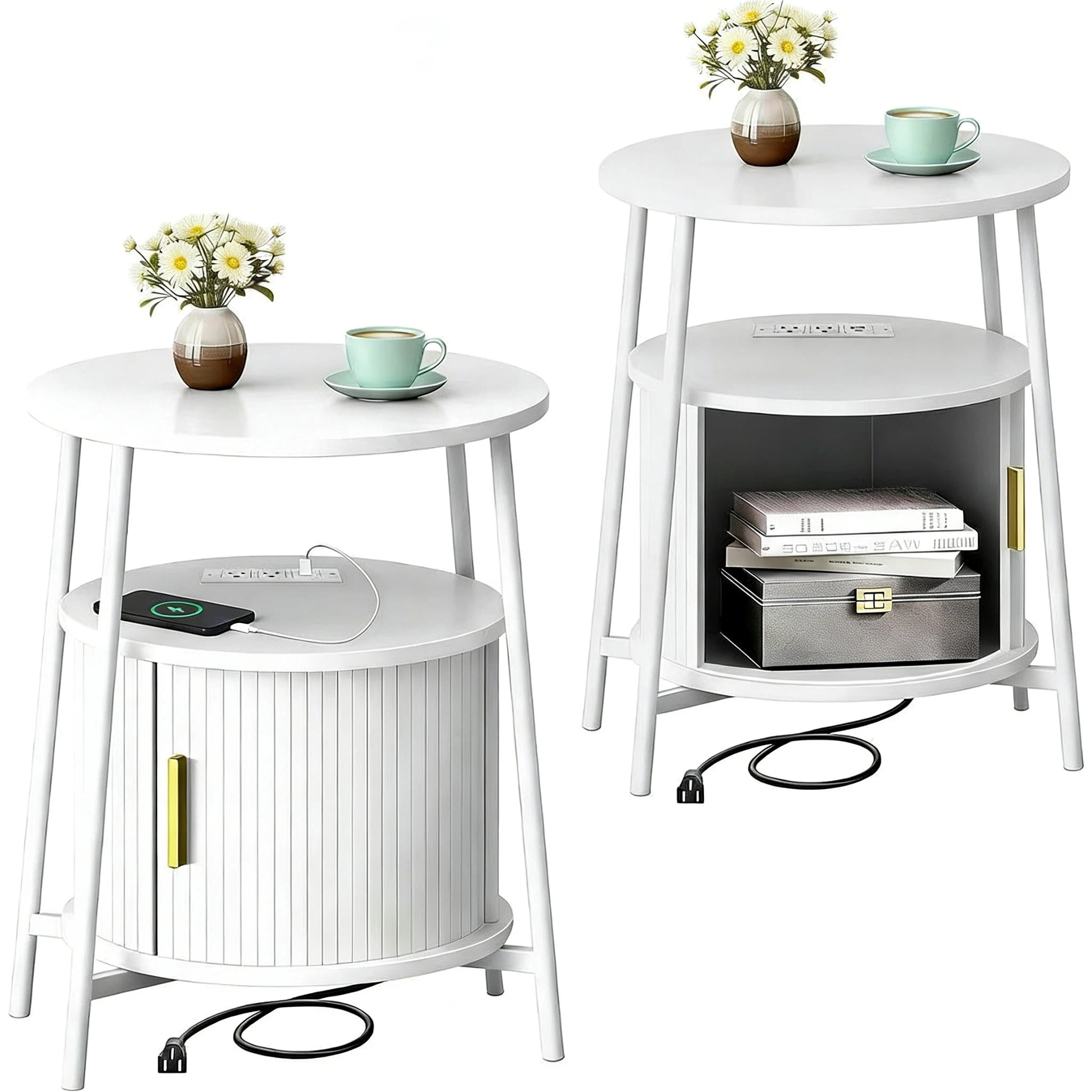 AISWORD Nightstand with Charging Station, Modern Round Bedside Table with Sliding Door Storage, White, 2 Pack