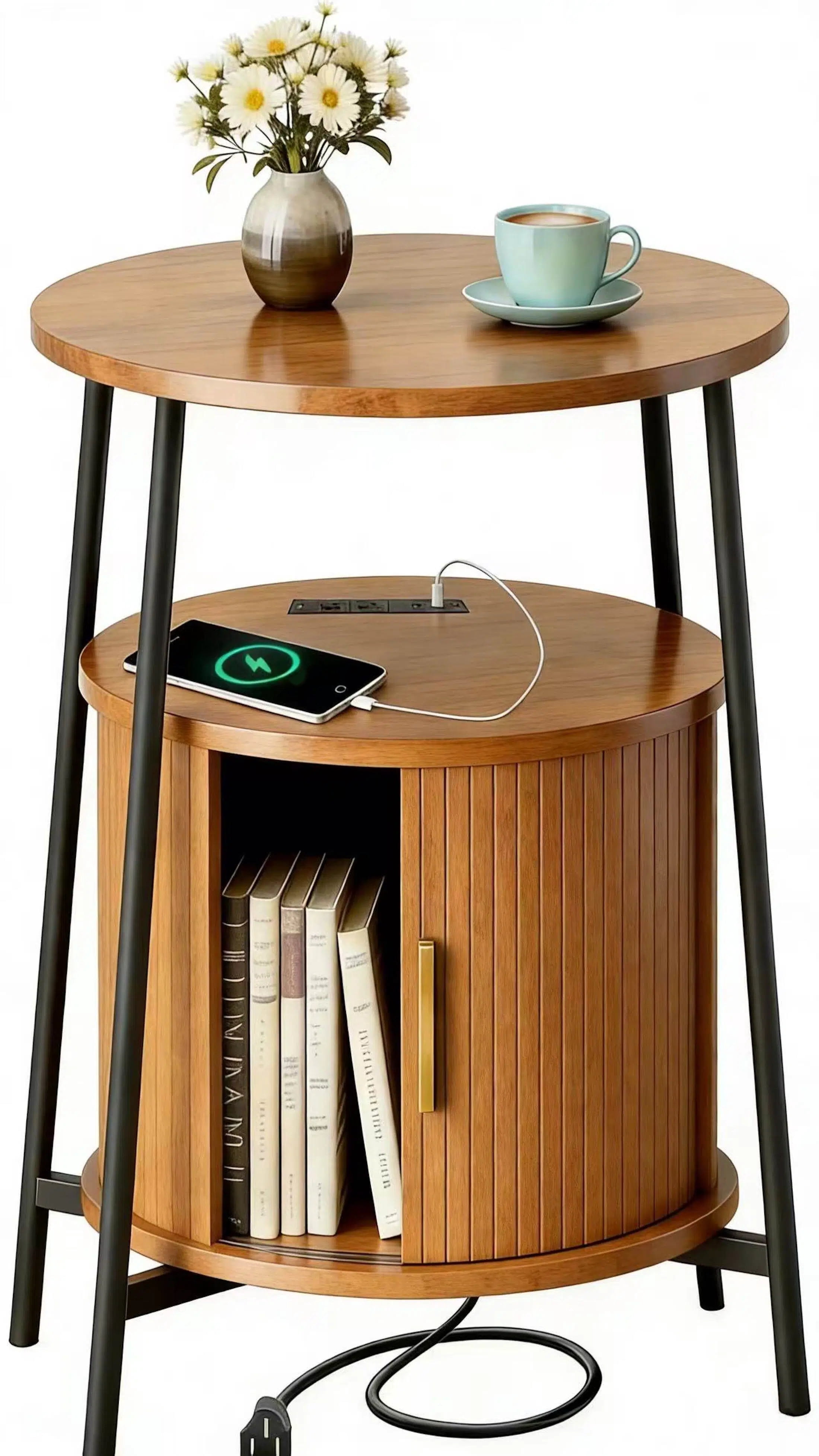 AISWORD Nightstand with Charging Station, Modern Round Bedside Table with Sliding Door Storage, Yellow