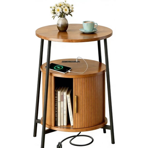 AISWORD Nightstand with Charging Station, Modern Round Bedside Table with Sliding Door Storage, Yellow
