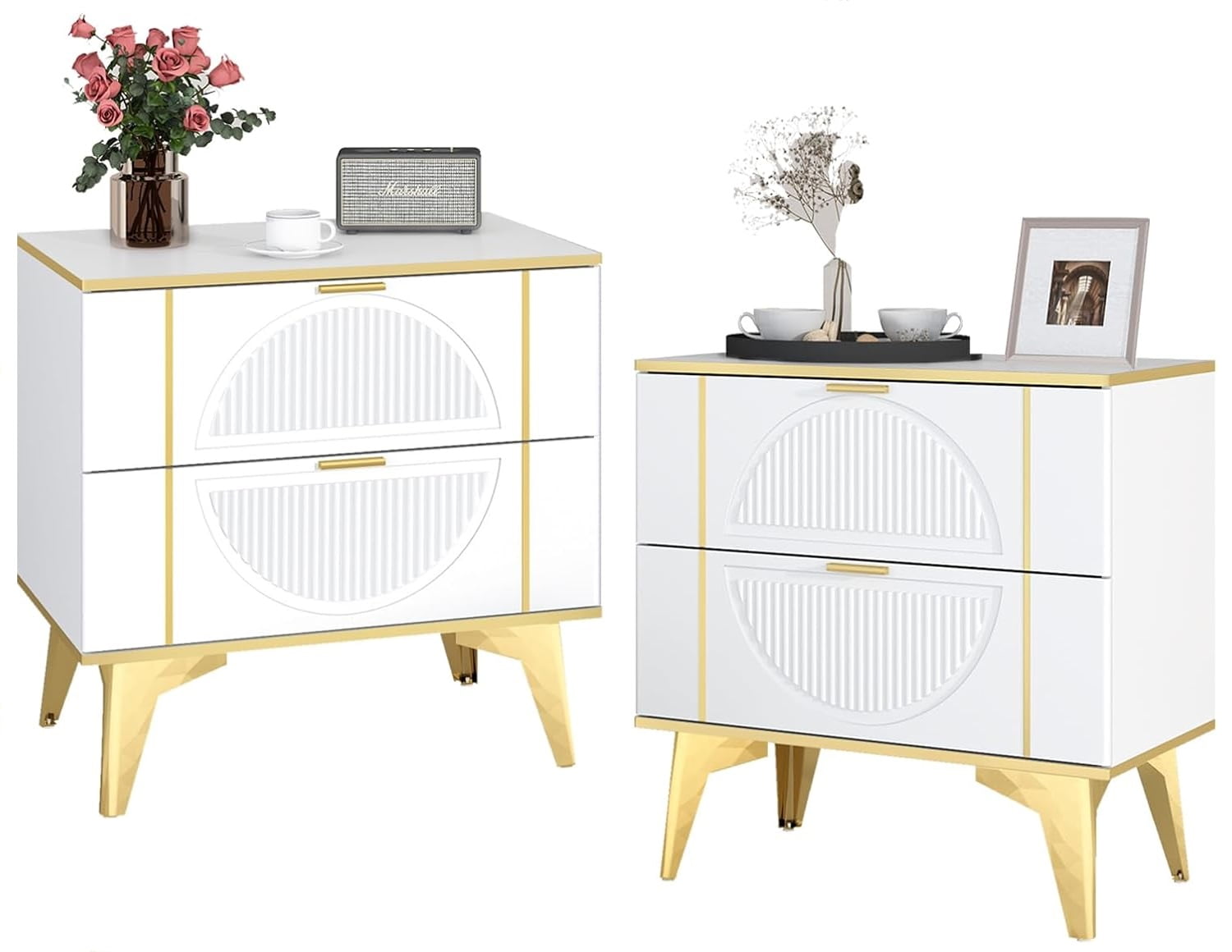 AISWORD Nightstands Set of 2 with Storage, End Table with 2 Drawers, Night Stand with Metal Legs, Farmhouse Sofa/Bed Side Table for Living Room, Bedroom (White)