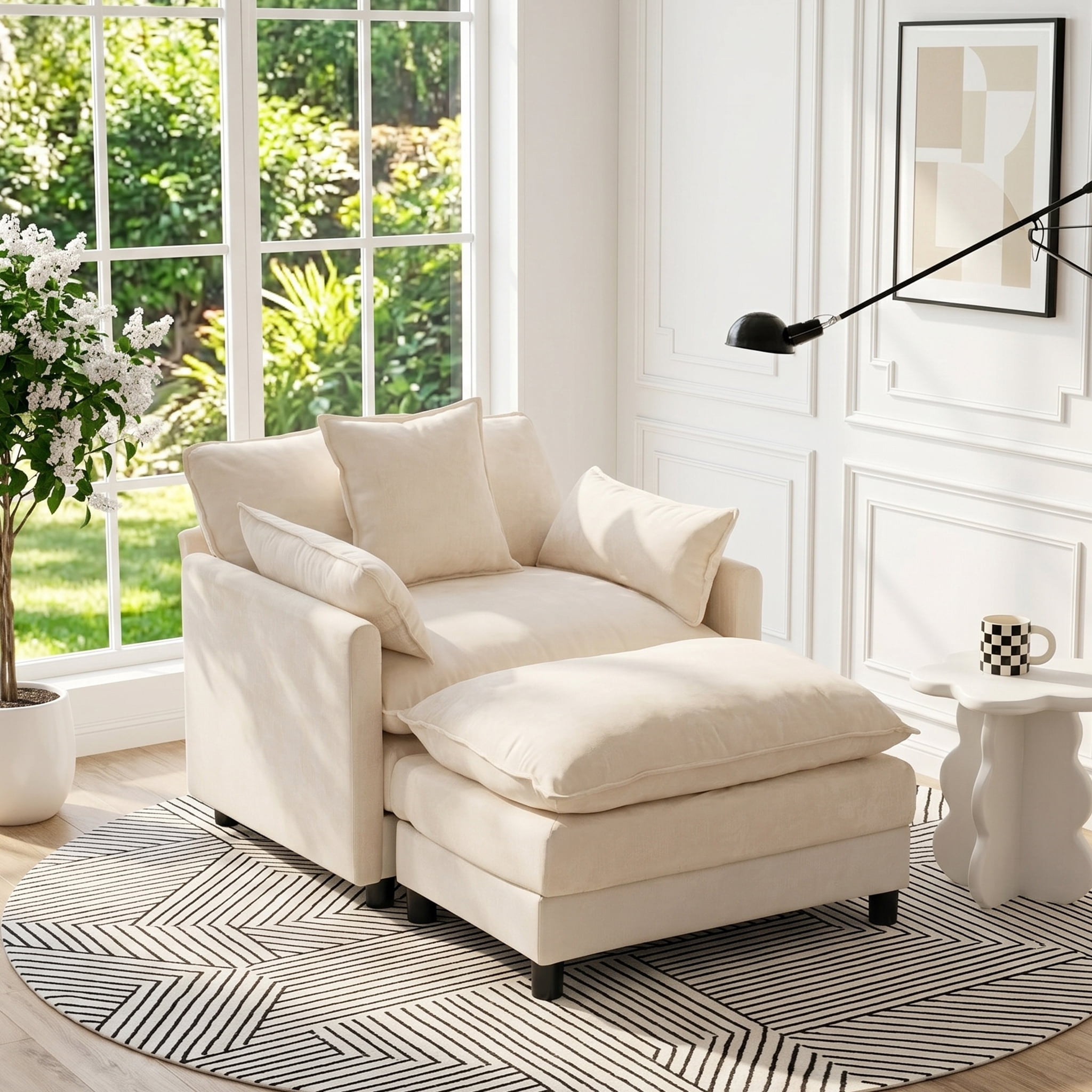 AISWORD Oversized Modular Sectional Sofa with Ottoman, Upholstered Deep Seat Chaise Lounge with Pillows for Living Room, Beige
