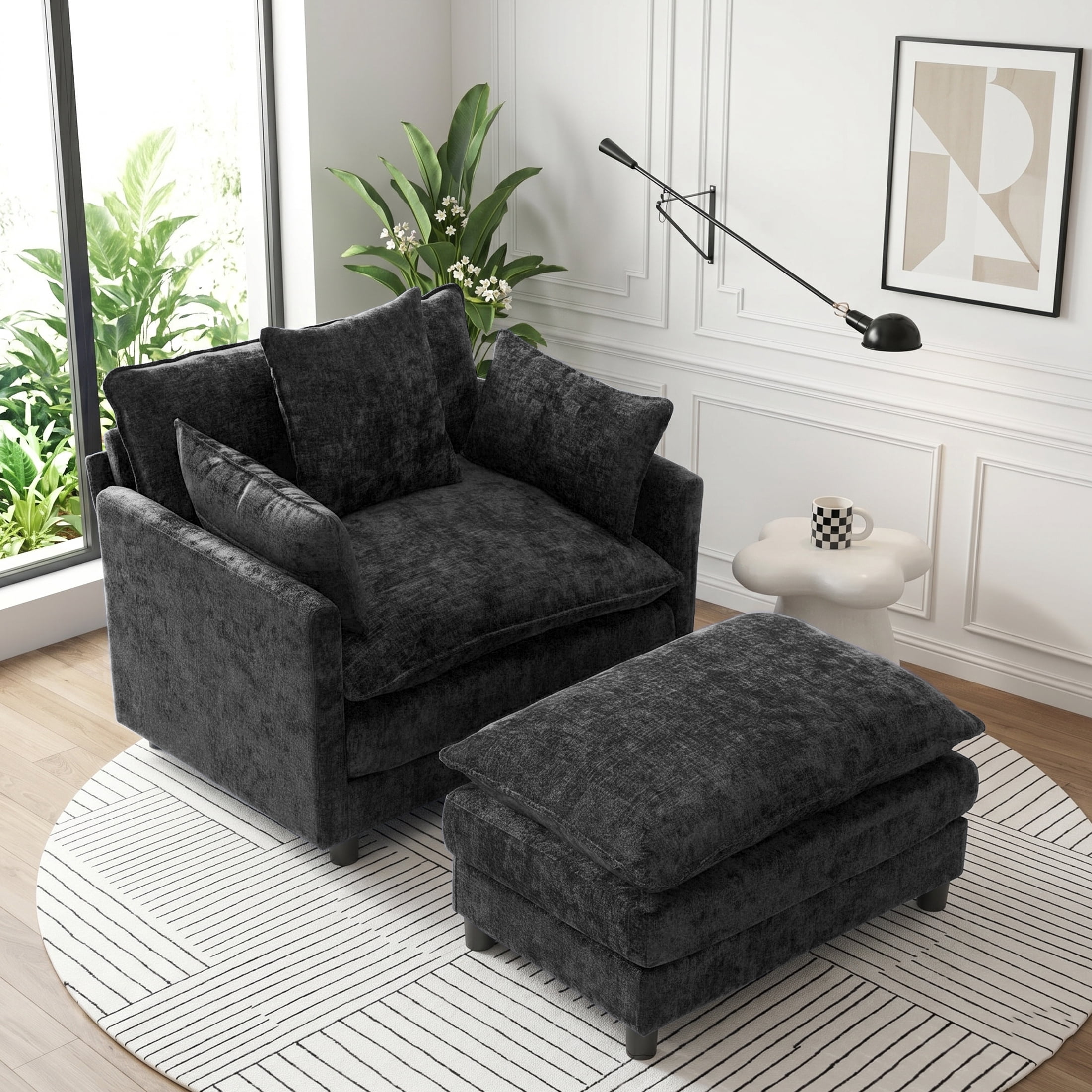 AISWORD Oversized Modular Sectional Sofa with Ottoman, Upholstered Deep Seat Chaise Lounge with Pillows for Living Room, Black