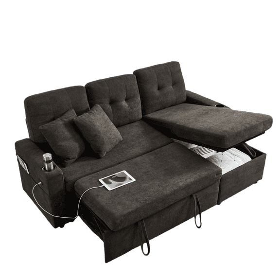 AISWORD Reversible Sectional Sofa Couch, L Shaped Sleeper Sofa with Pull Out Bed & Storage Chaise for Living Room ｜Removable Backrest ｜Terry Fabric｜Grey