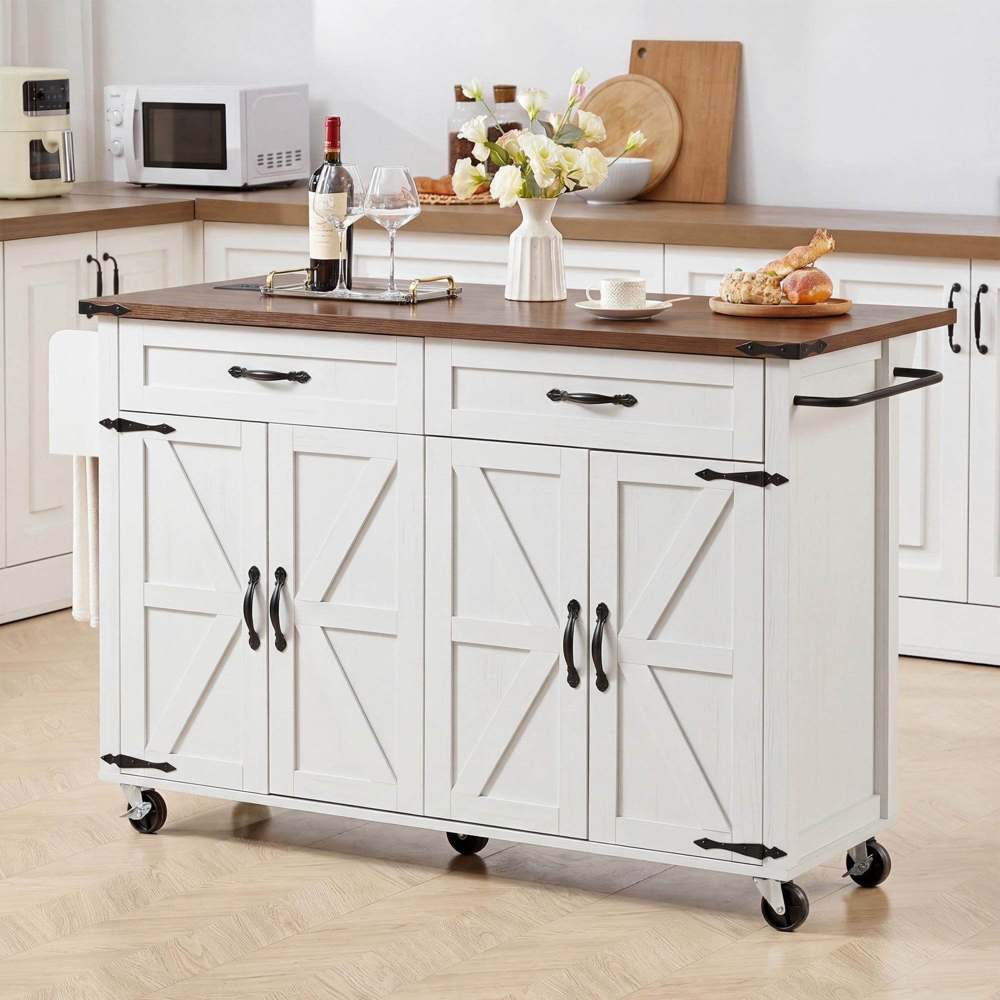 AISWORD Farmhouse Rolling Kitchen Island with Drop Leaf & Built-in Power Outlet, Barn Door Storage Cart on Wheels, Spice & Towel Rack, White