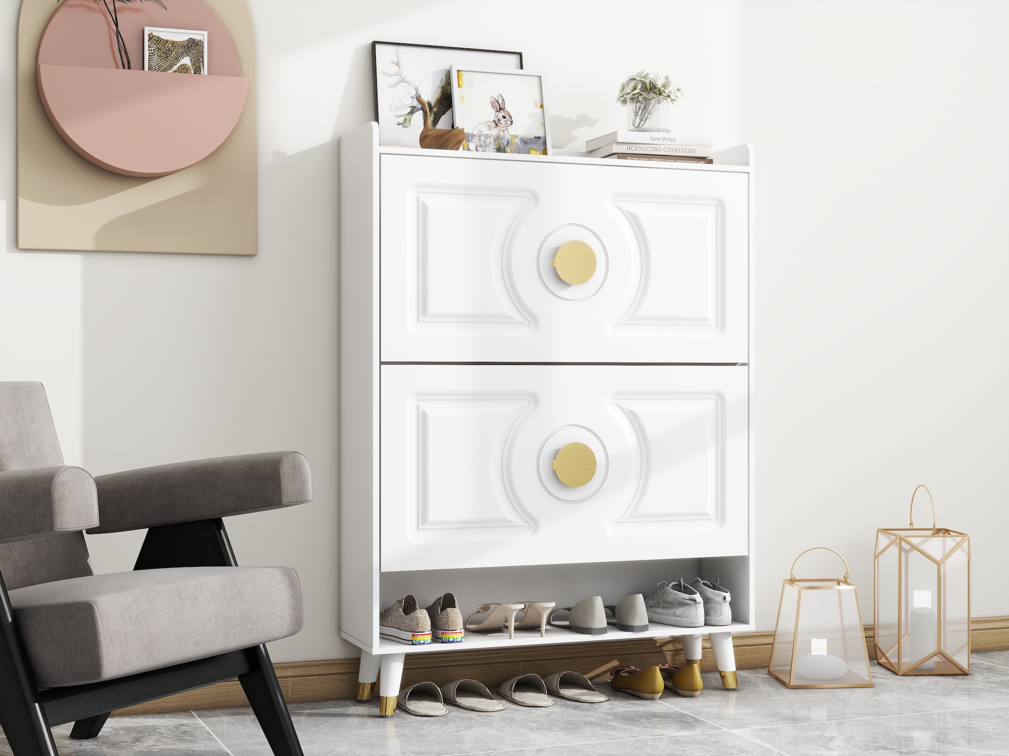 AISWORD Shoe Cabinet with 2 Flip Drawers, Modern 20 Pair Shoe Rack Organizer, Freestanding Tipping Bucket Wood Shoe Storage Cabinet for Entryway, White